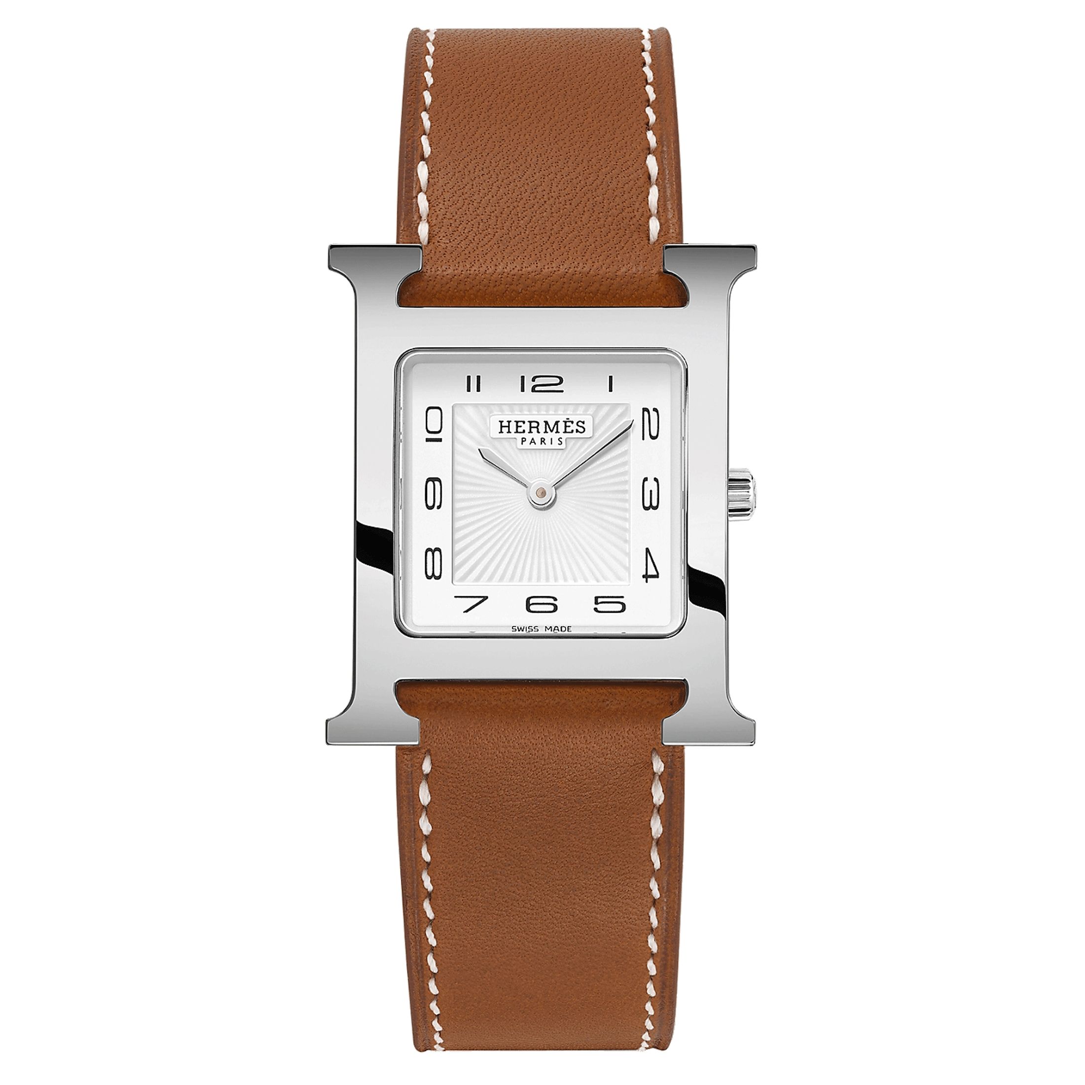Montre HERMÈS Heure H Moyen Modèle quartz cadran blanc bracelet cuir Barénia marron 30 mm