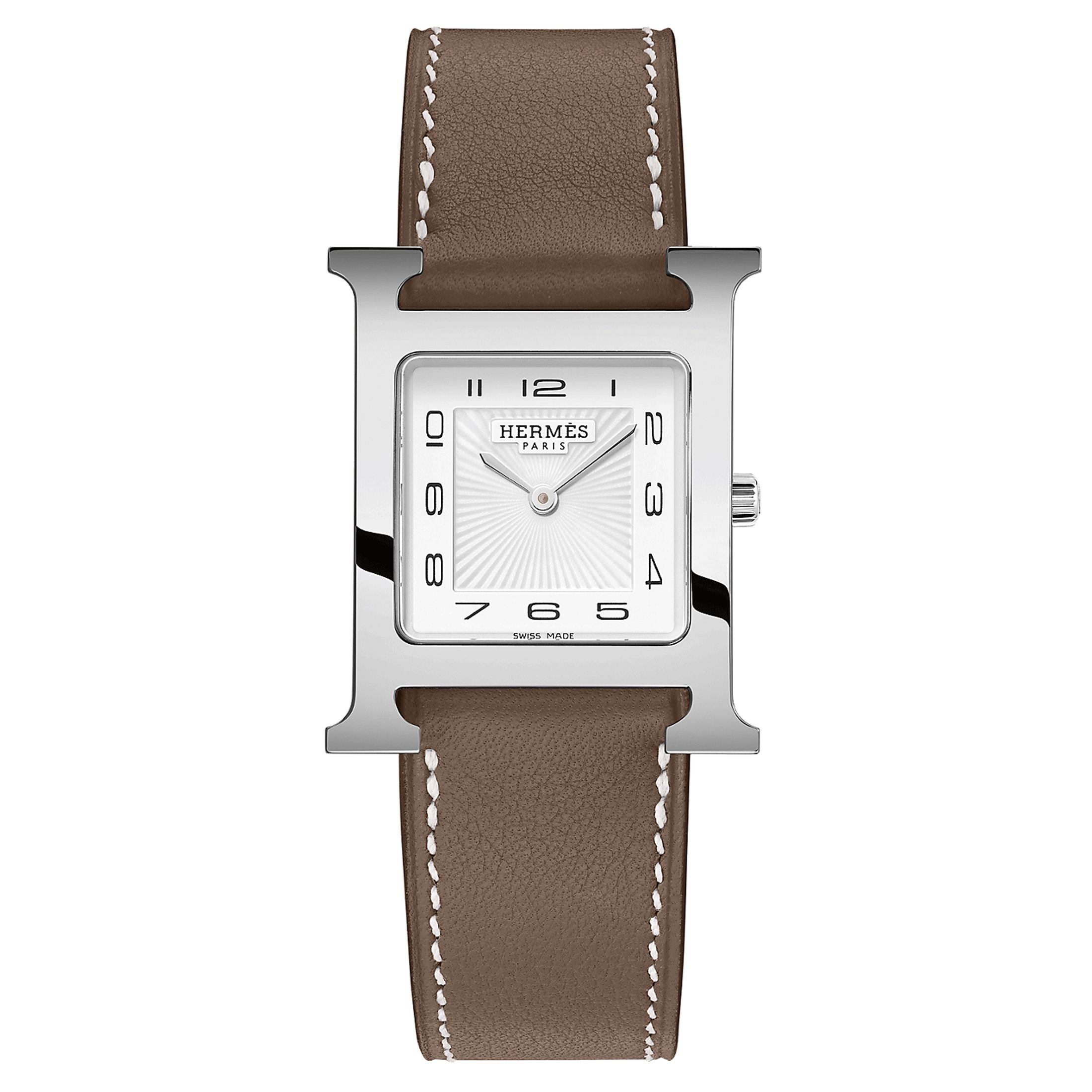 Montre HERMÈS Heure H Moyen Modèle quartz cadran blanc bracelet cuir taupe 30 mm