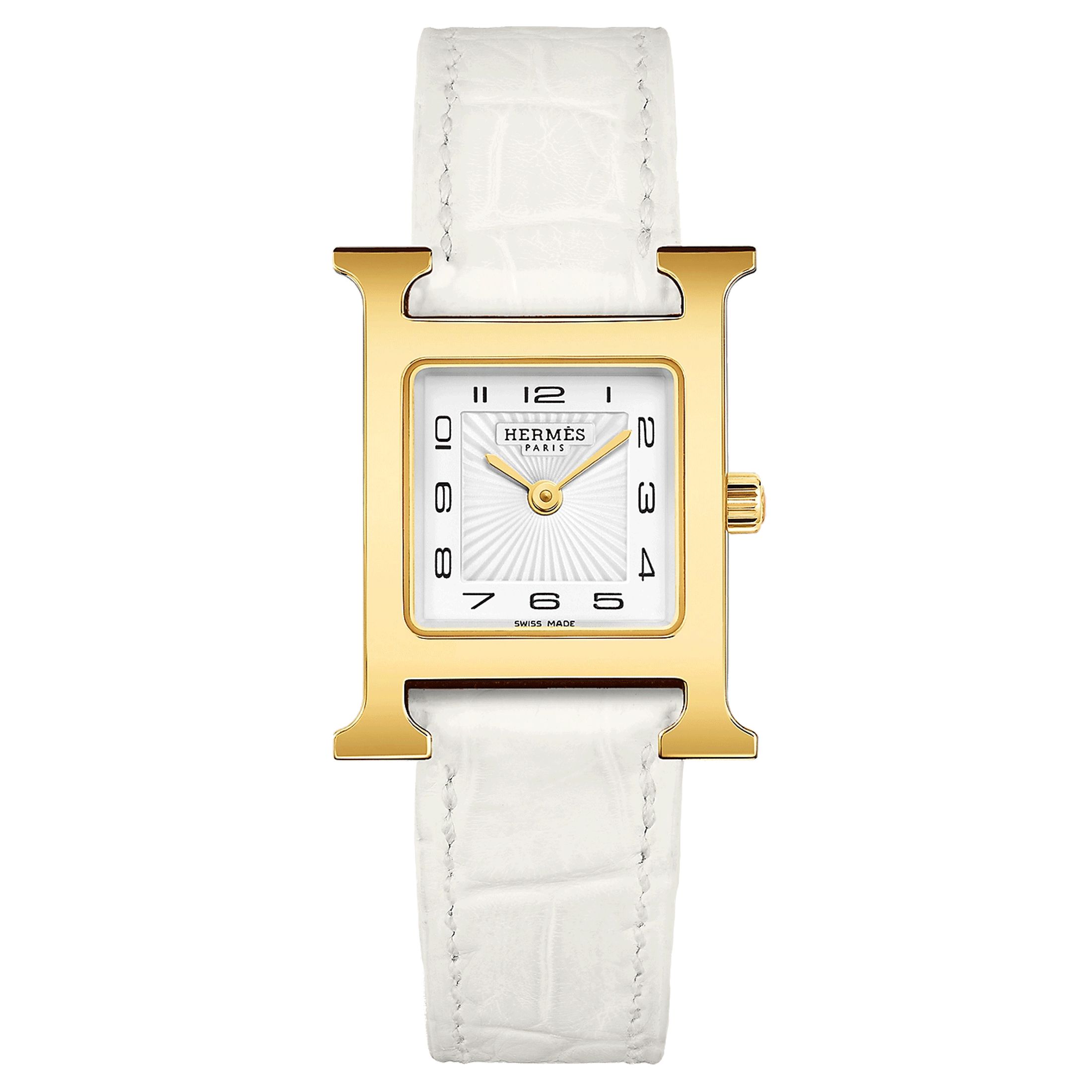 Montre HERMÈS Heure H Petit Modèle PVD quartz cadran blanc bracelet cuir croco blanc 25 mm