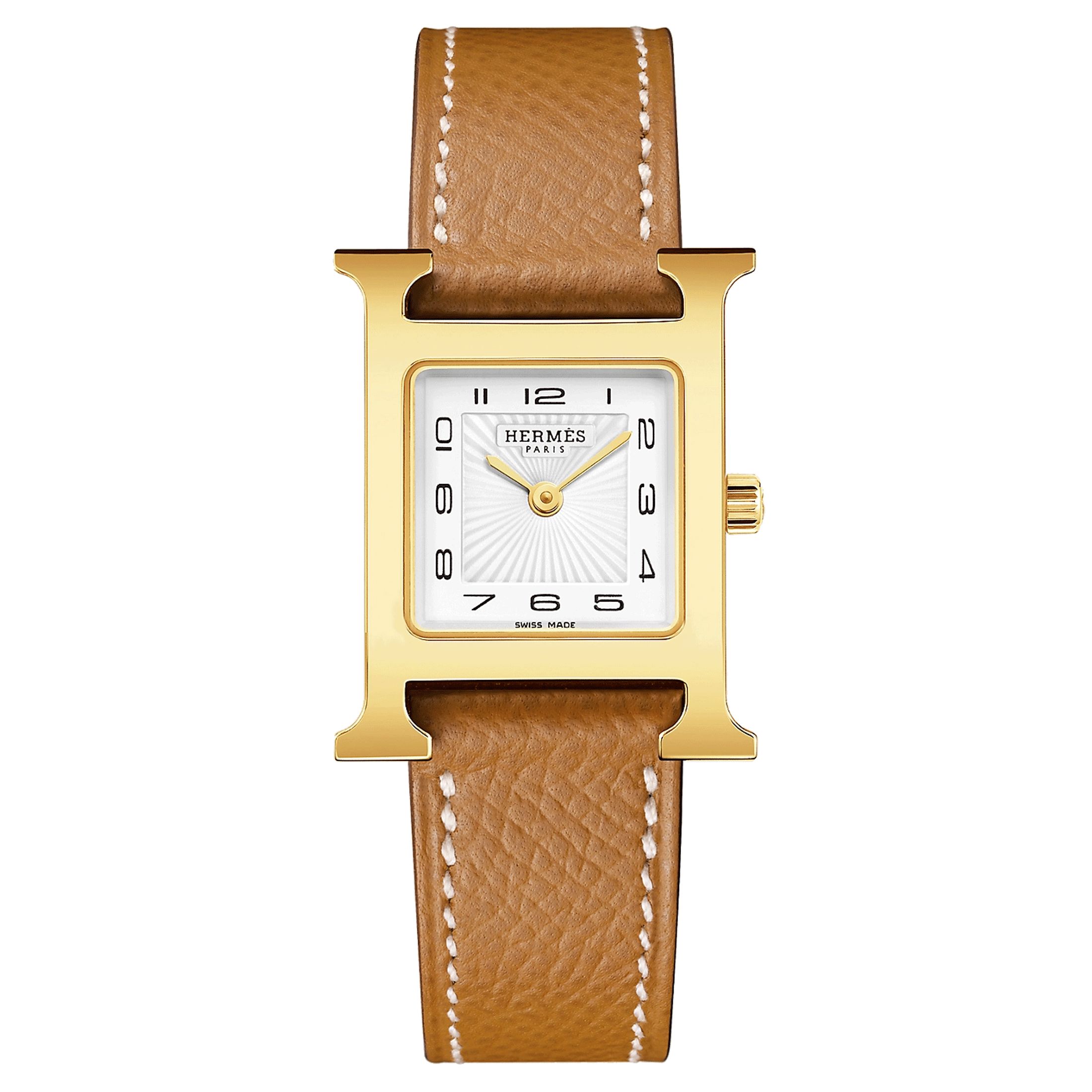 Montre HERMÈS Heure H Petit Modèle PVD quartz cadran blanc bracelet cuir marron gold 25 mm