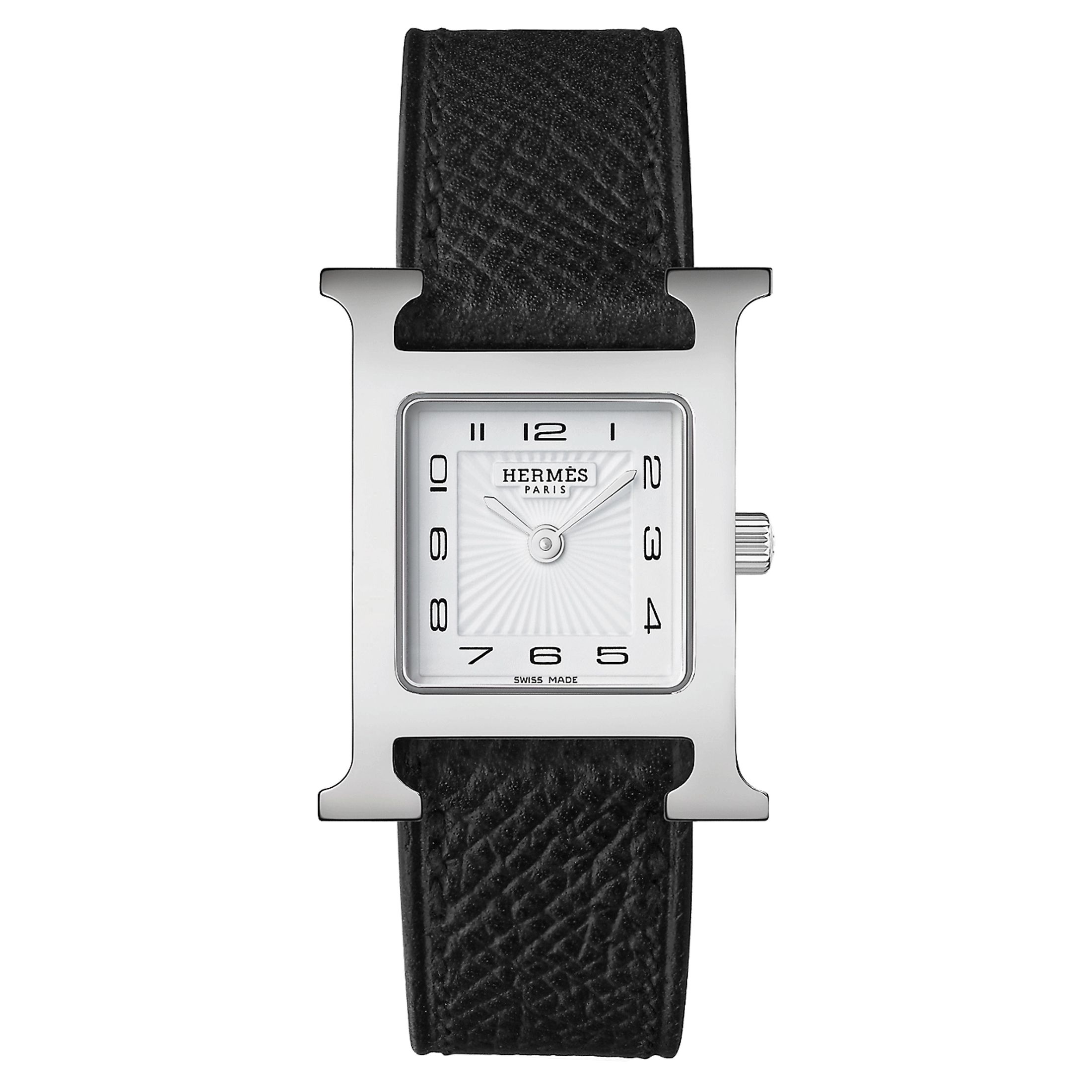 Montre HERMÈS Heure H Petit Modèle quartz cadran blanc bracelet cuir noir 25 mm