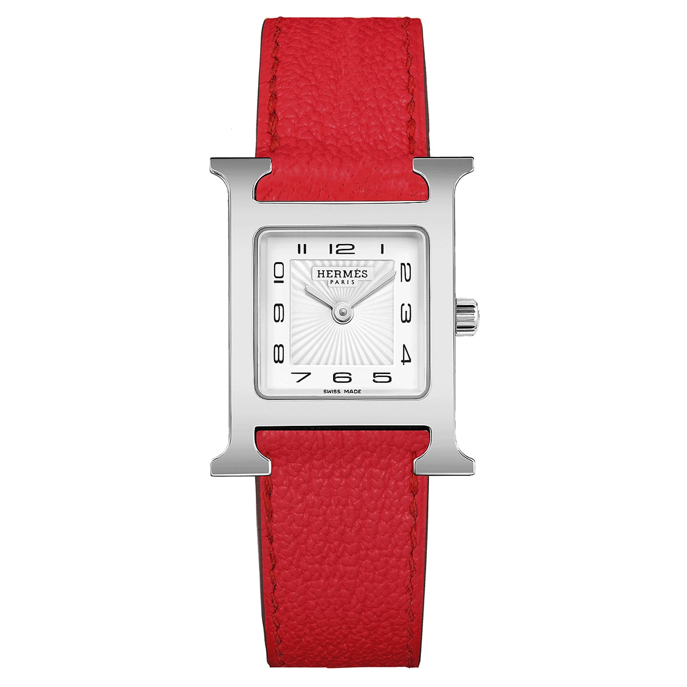 Montre HERMÈS Heure H Petit Modèle quartz cadran blanc bracelet cuir rouge 25 mm