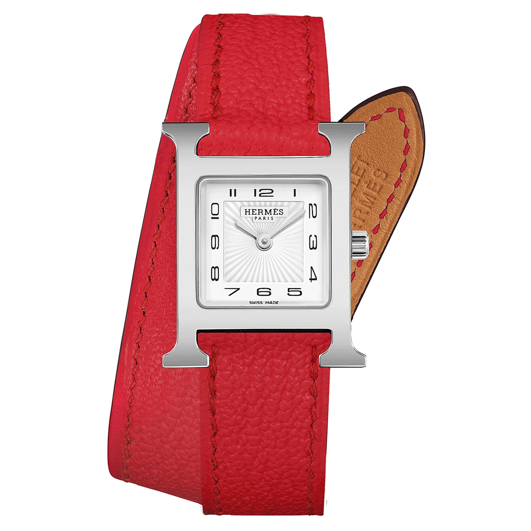 Montre HERMÈS Heure H Petit Modèle quartz cadran blanc bracelet double tour cuir rouge 25 mm