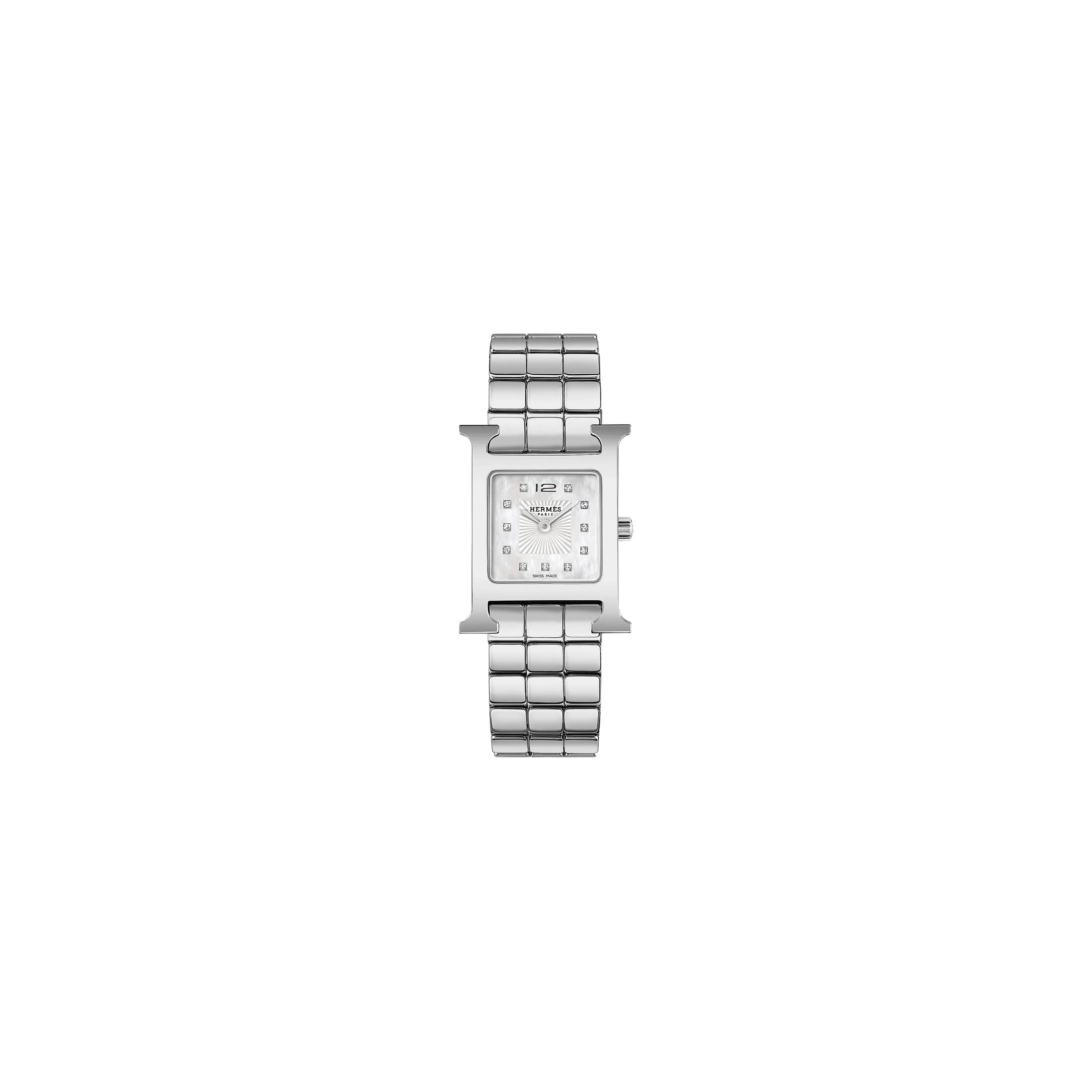 Montre HERMÈS Heure H Petit Modèle quartz index diamants cadran nacre blanche bracelet acier 25 mm