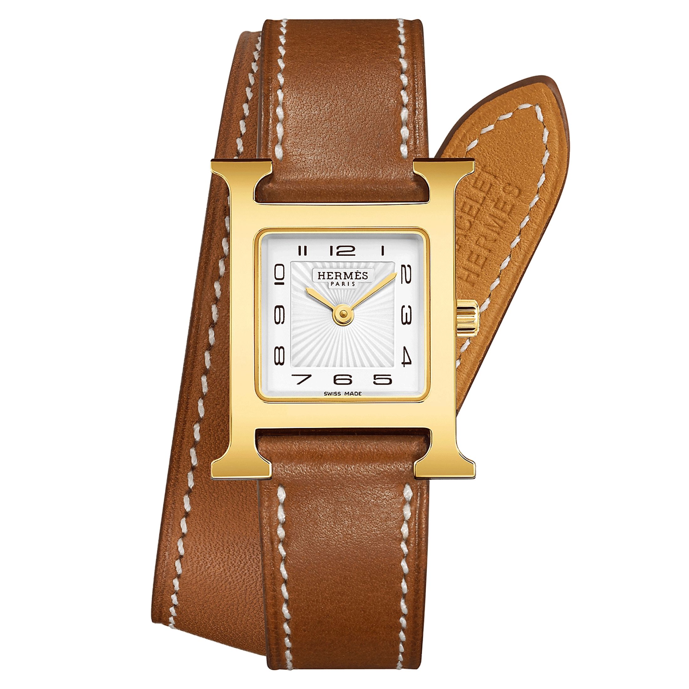 Montre HERMÈS Heure H Petit Modèle quartz plaqué or jaune cadran blanc bracelet double tour cuir marron 25 mm