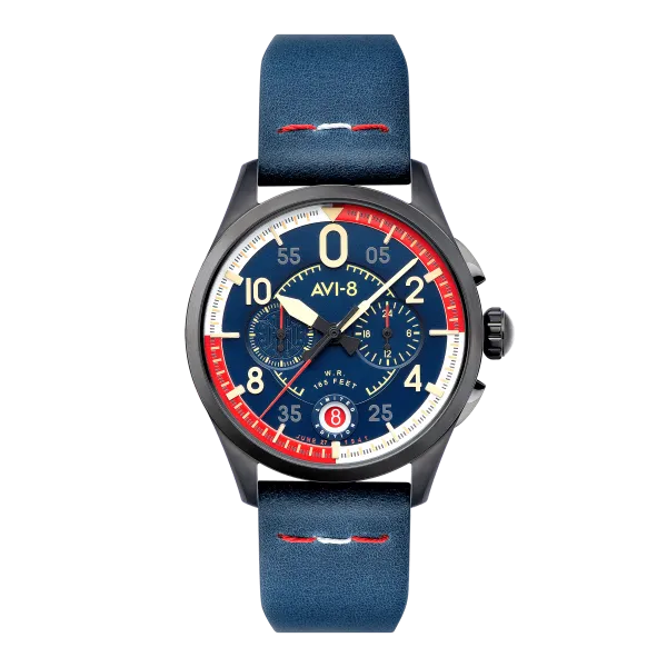 Montre Homme AVI-8 Spitfire P8331 Laguna Chronograph Limited Edition Bleu Rouge Cuir - AV-4105-01
