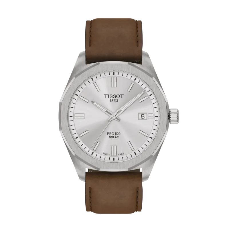 Montre Homme Tissot PRC100 Solar argenté bracelet cuir brun - Réf. T1514221603100