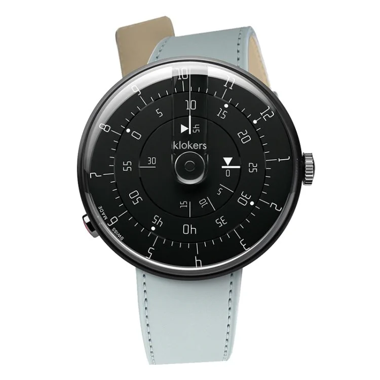 Montre Klokers - Klok 01 - Minimal - Black Reflex - Cuir Bleu Glacier