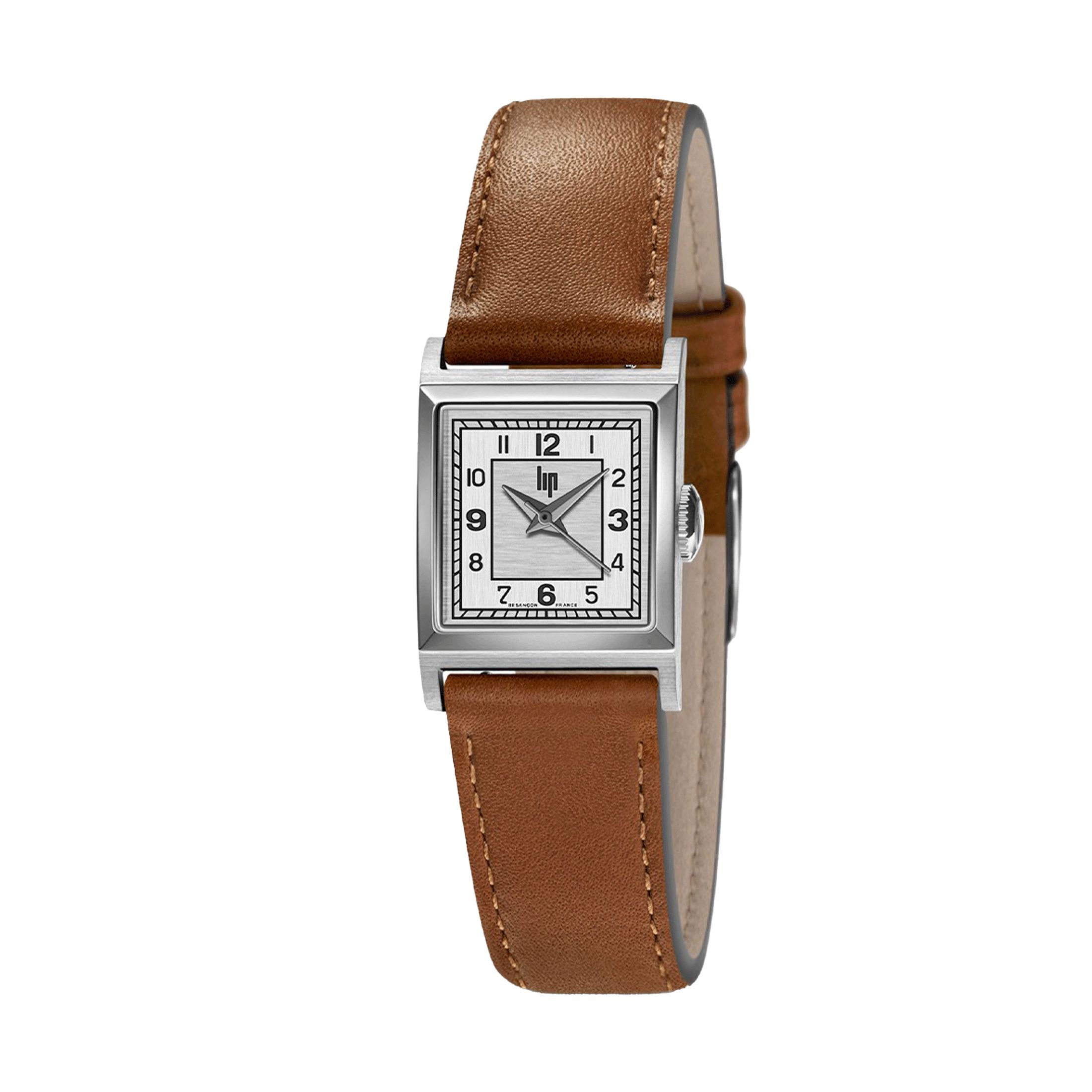 Montre Lip Churchill C18 quartz cadran argenté bracelet cuir marron 21 x 21 mm