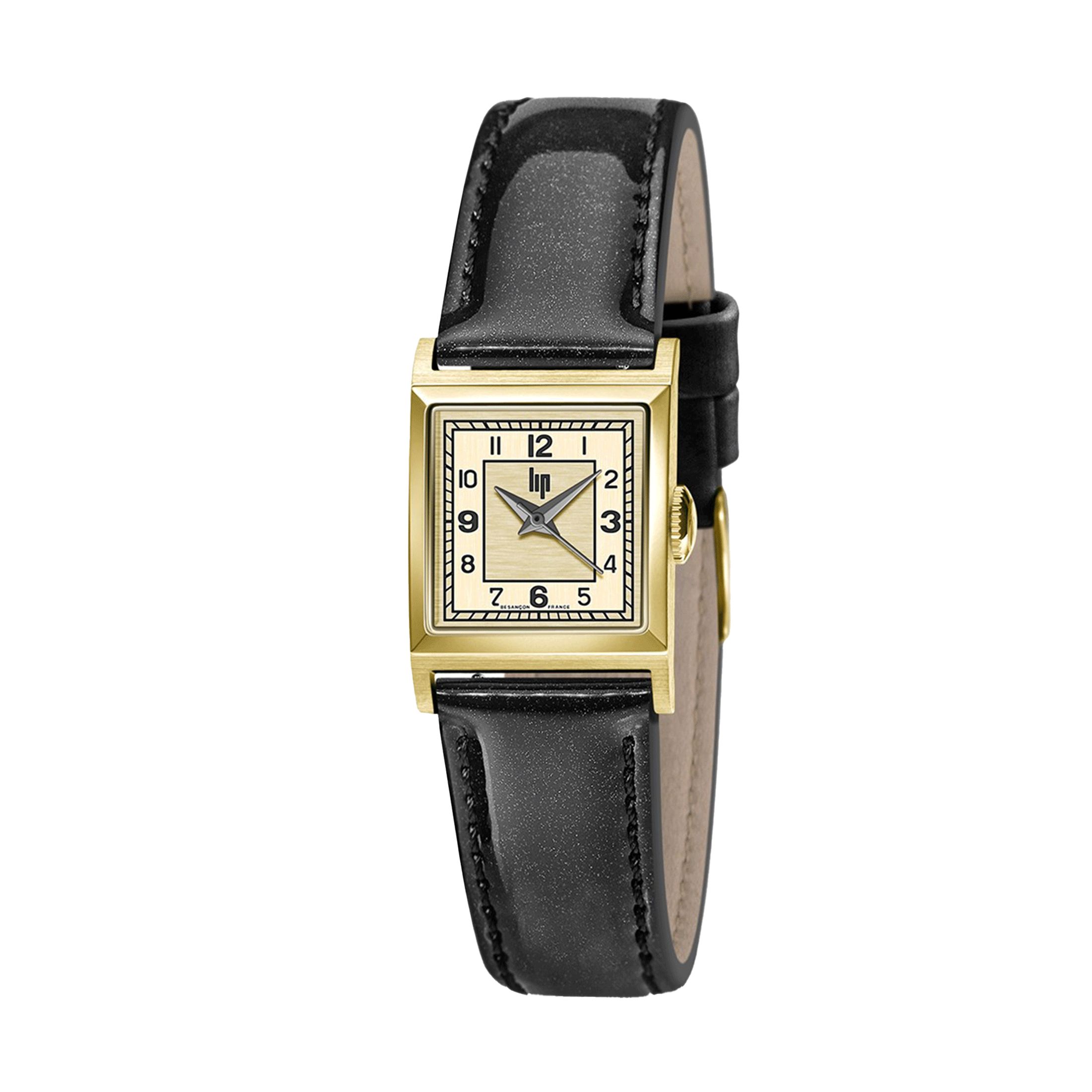 Montre Lip Churchill C18 quartz cadran doré bracelet cuir noir 21 x 21 mm