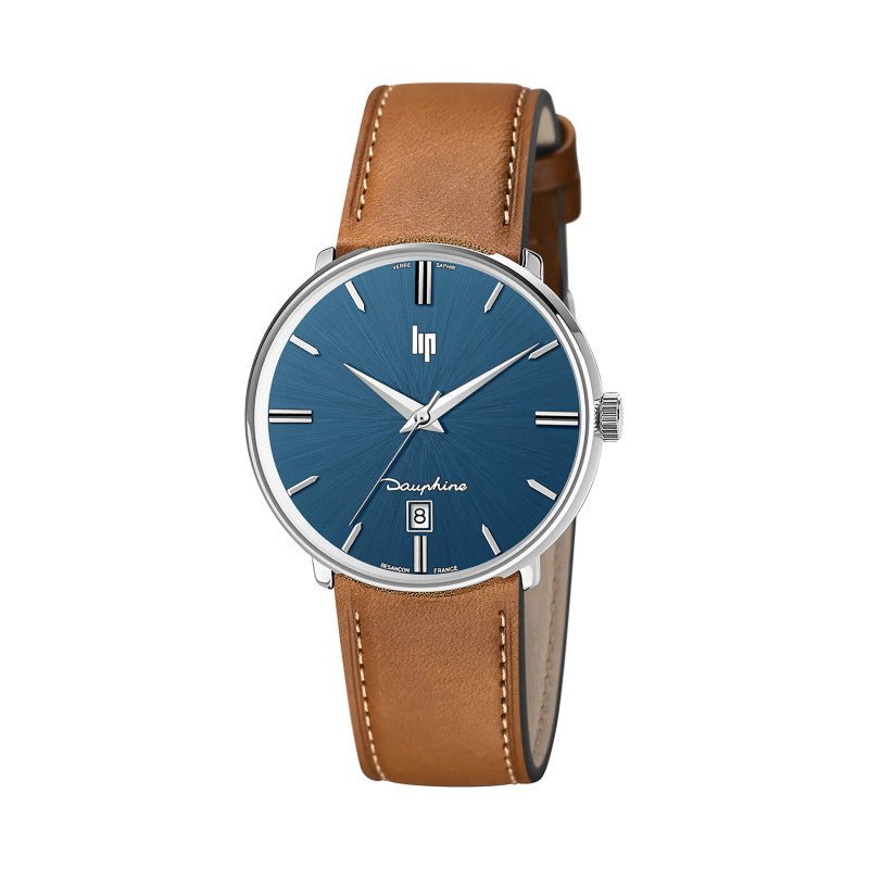 Montre LIP Dauphine Acier Bleu cuir marron 38mm