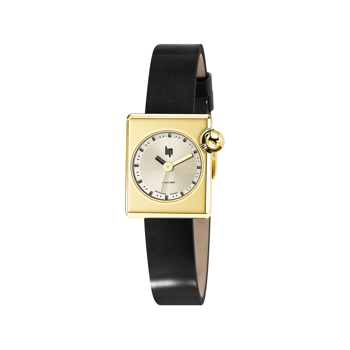 Montre LIP femme acier doré jaune bracelet cuir noir