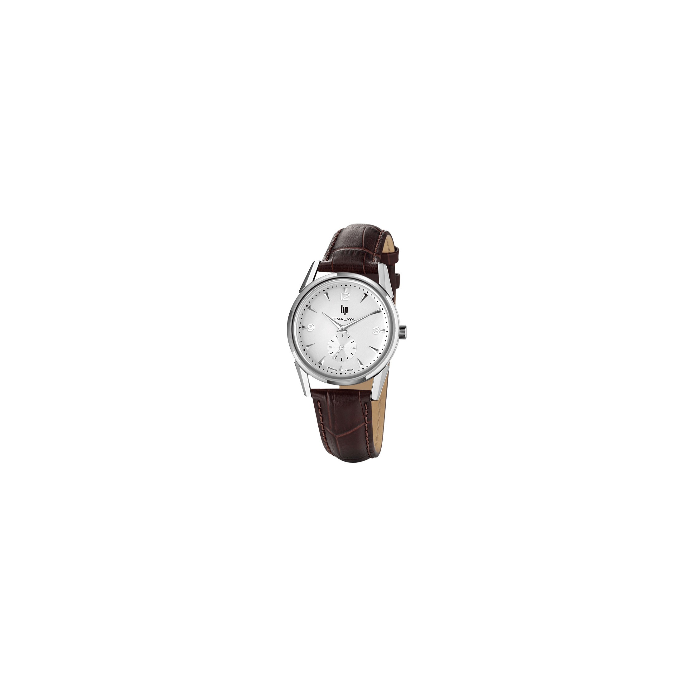 Montre Lip Himalaya quartz cadran argent bracelet cuir marron 35 mm