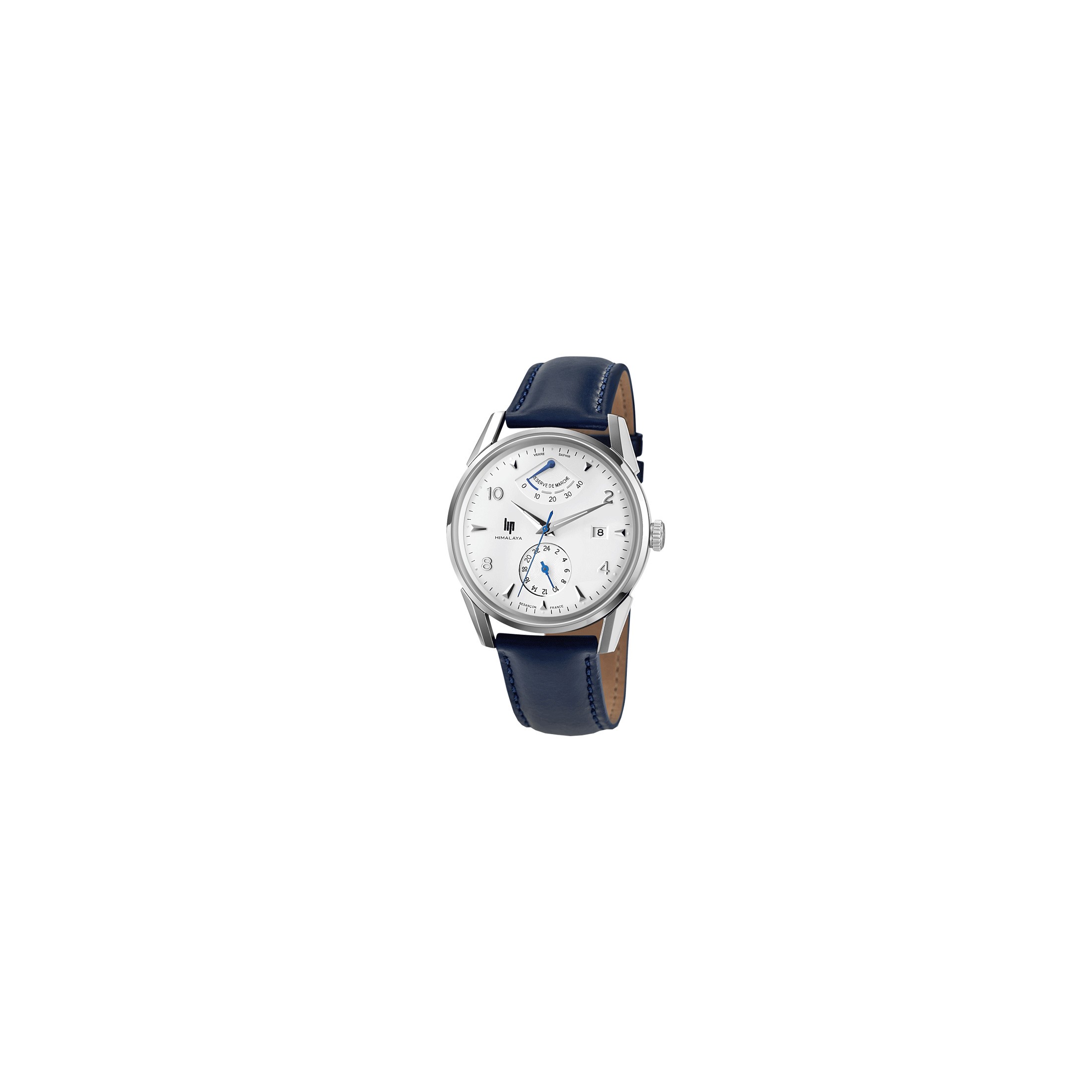 Montre Lip Himalaya Réserve de Marche automatique cadran blanc bracelet cuir bleu 40 mm