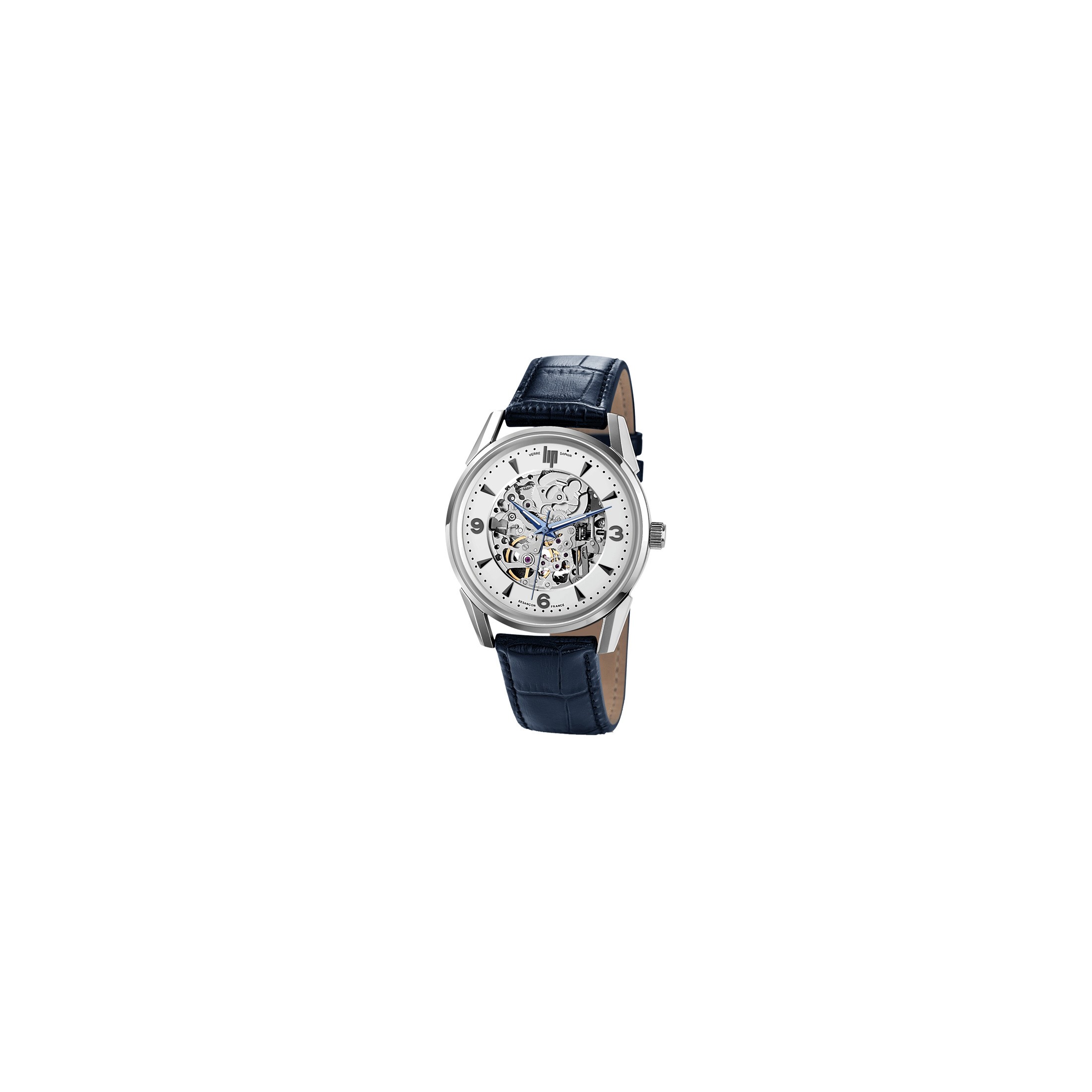Montre Lip Himalaya Squelette automatique cadran argent bracelet cuir bleu 40 mm