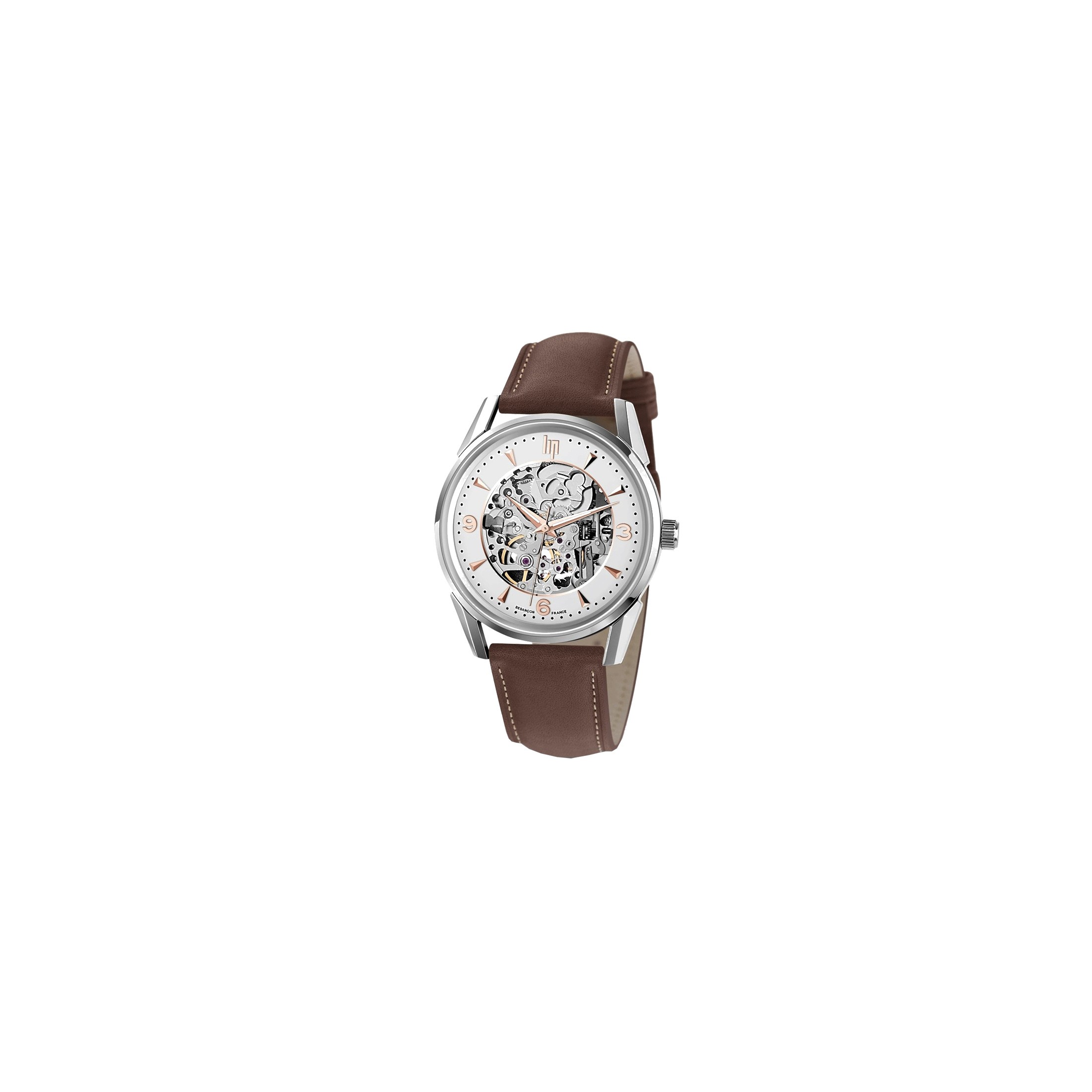 Montre Lip Himalaya Squelette automatique cadran argent bracelet cuir marron 40 mm