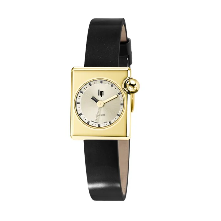 Montre LIP - Mach 2000 - Mini Square - Cadran Doré - Cuir Noir Lisse
