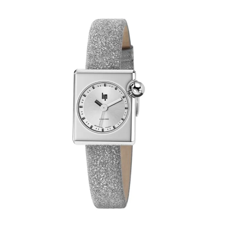 Montre LIP - Mach 2000 - Mini Square - Cuir Argenté Pailleté
