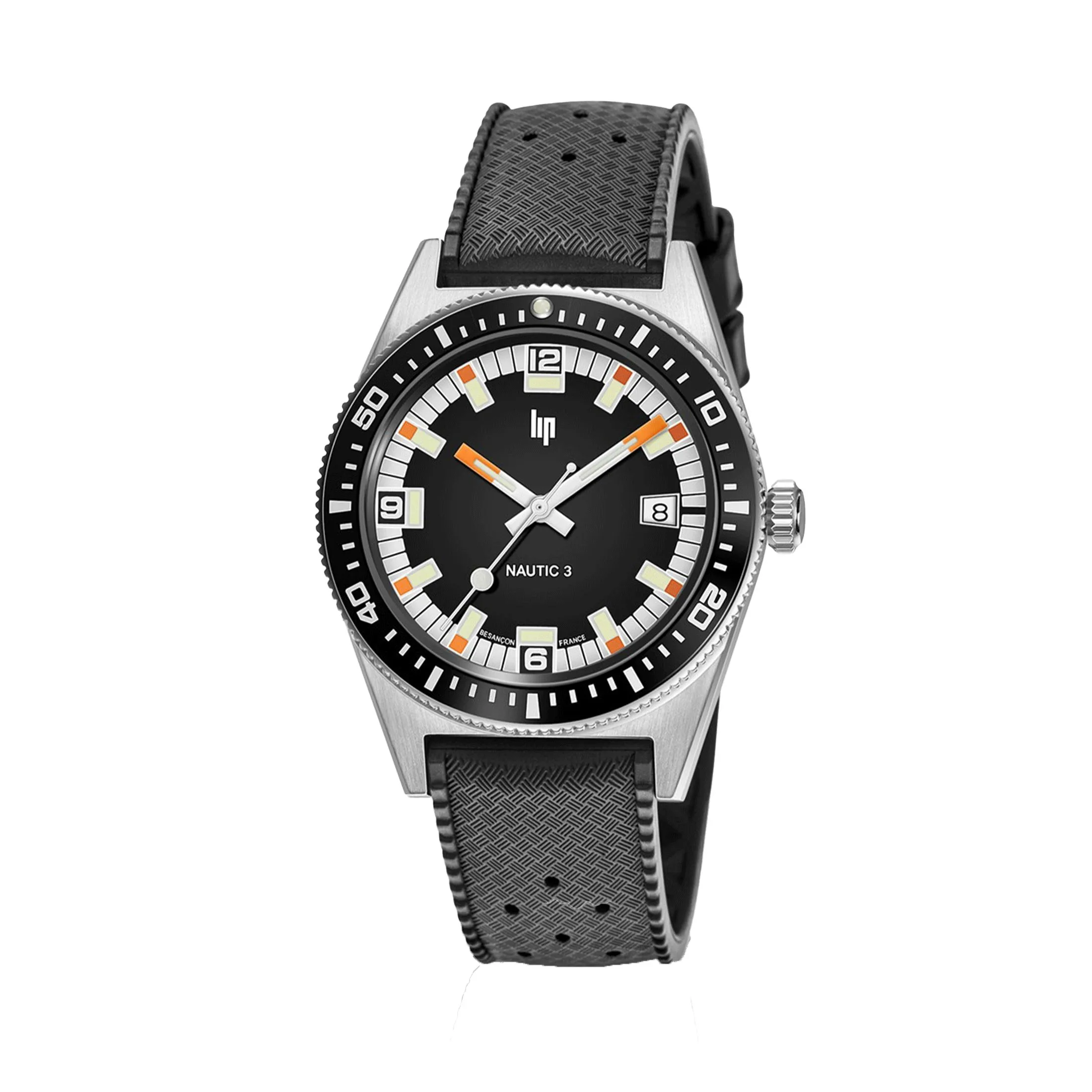 Montre Lip Nautic 3 automatique cadran noir bracelet caoutchouc "tropic" 39 mm