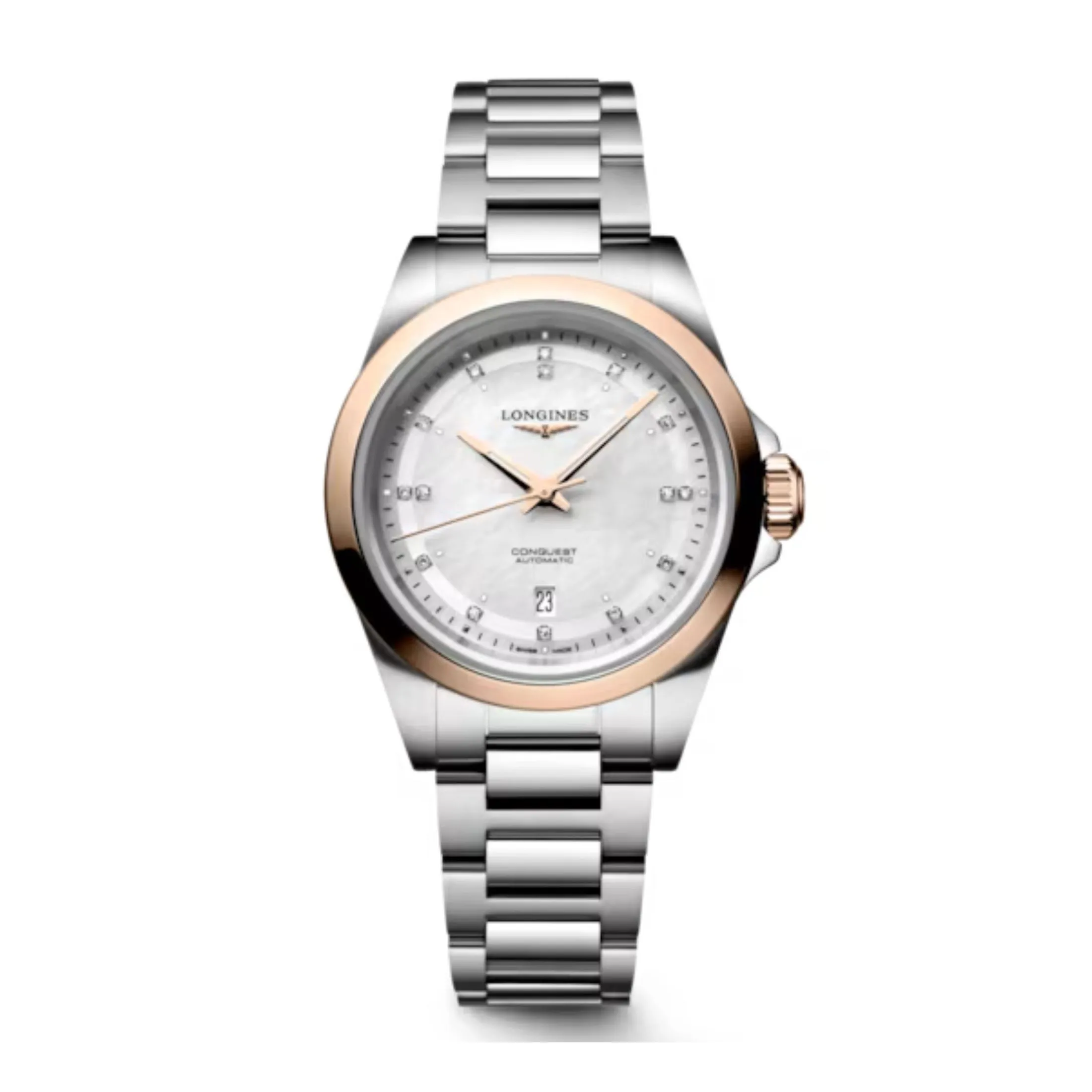 Montre Longines Conquest automatique cadran nacre blanche lunette or rose bracelet acier et or rose 30 mm