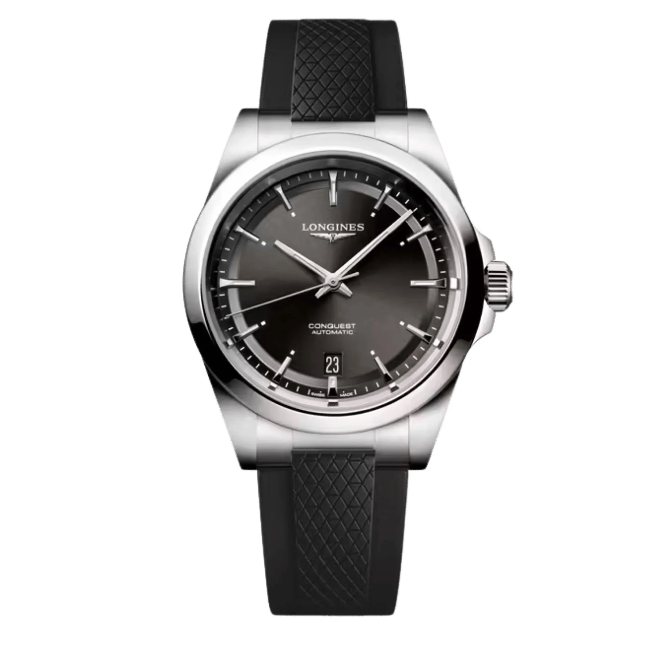 Montre Longines Conquest automatique cadran noir bracelet caoutchouc noir 38 mm