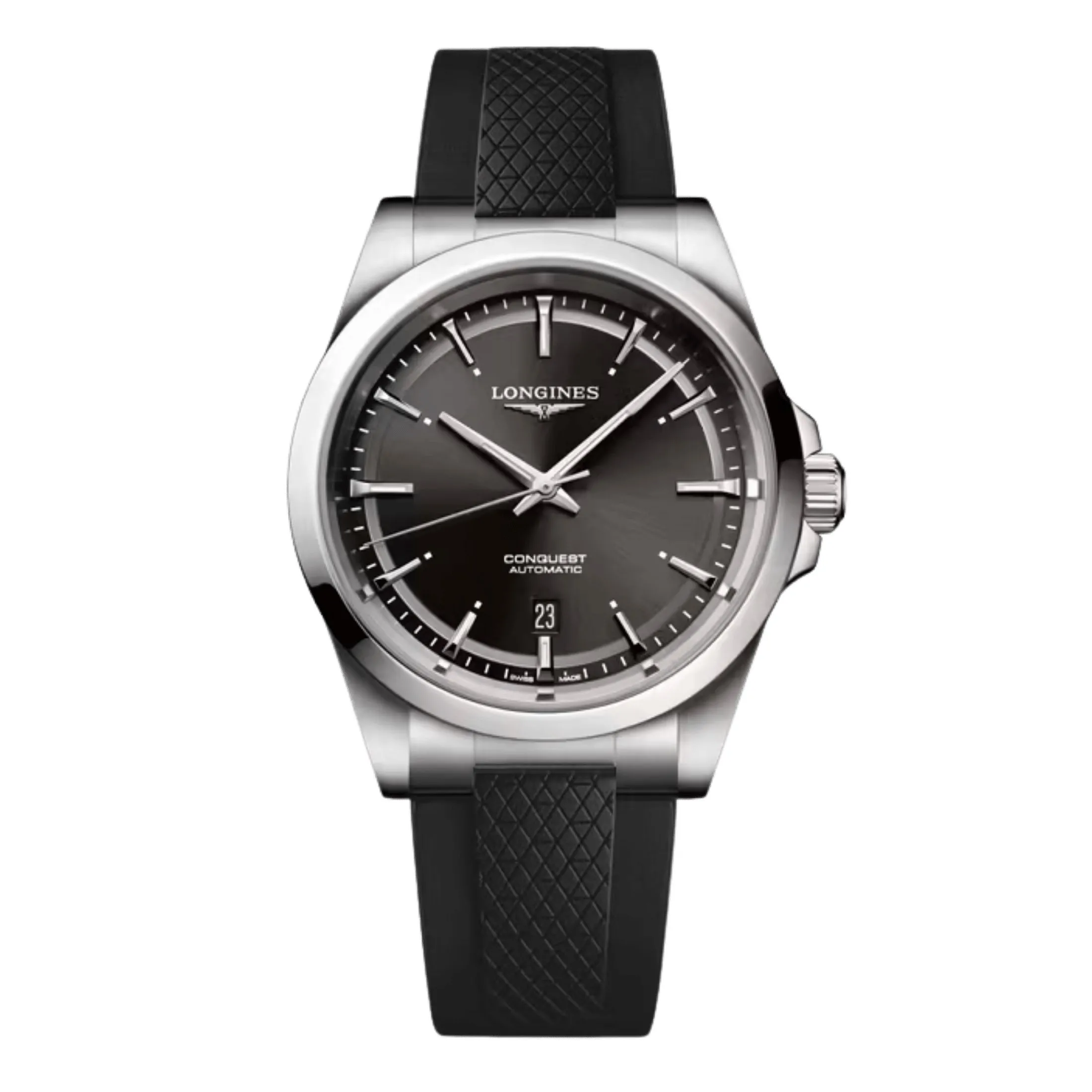 Montre Longines Conquest automatique cadran noir bracelet caoutchouc noir 41 mm