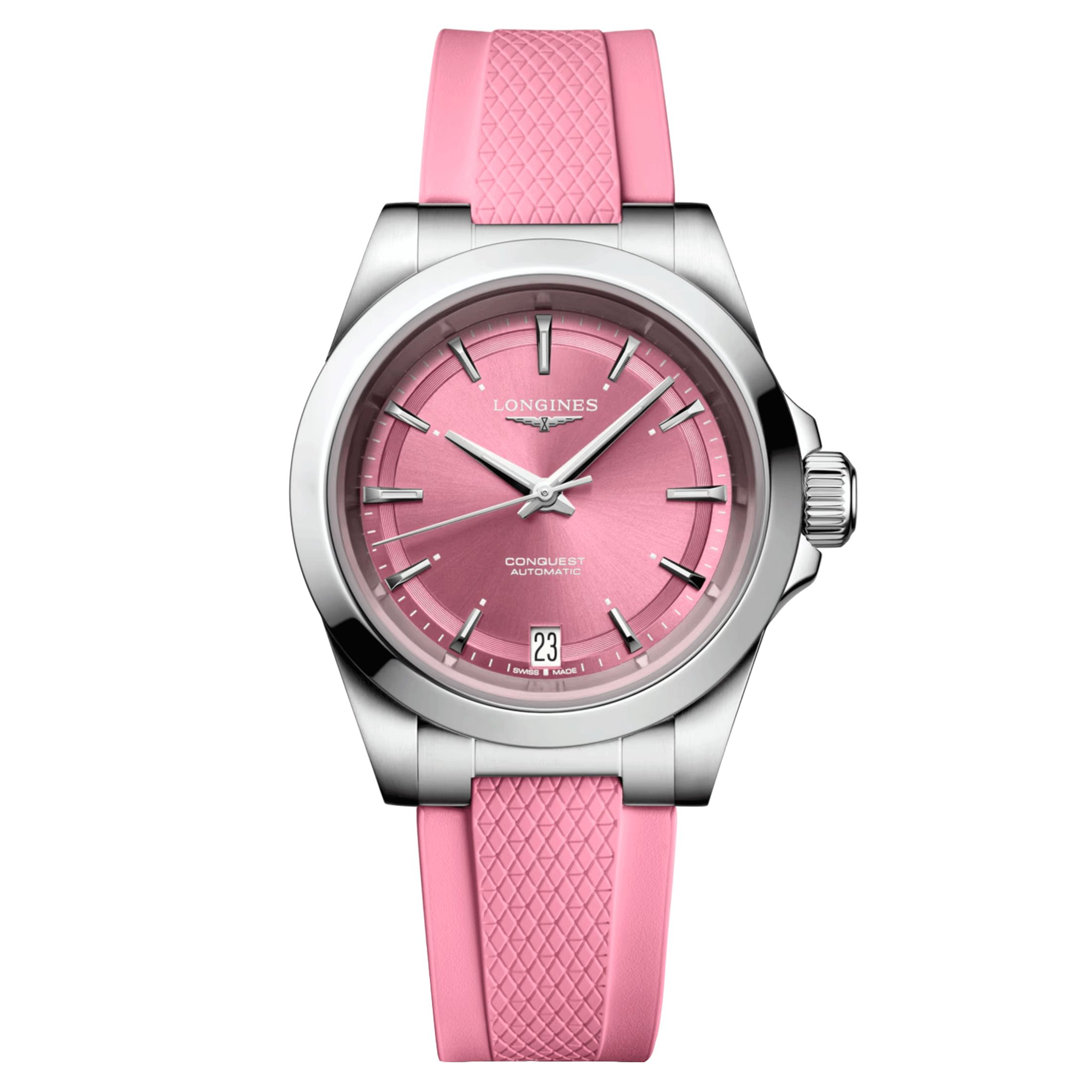 Montre Longines Conquest automatique cadran rose bracelet caoutchouc rose 34 mm