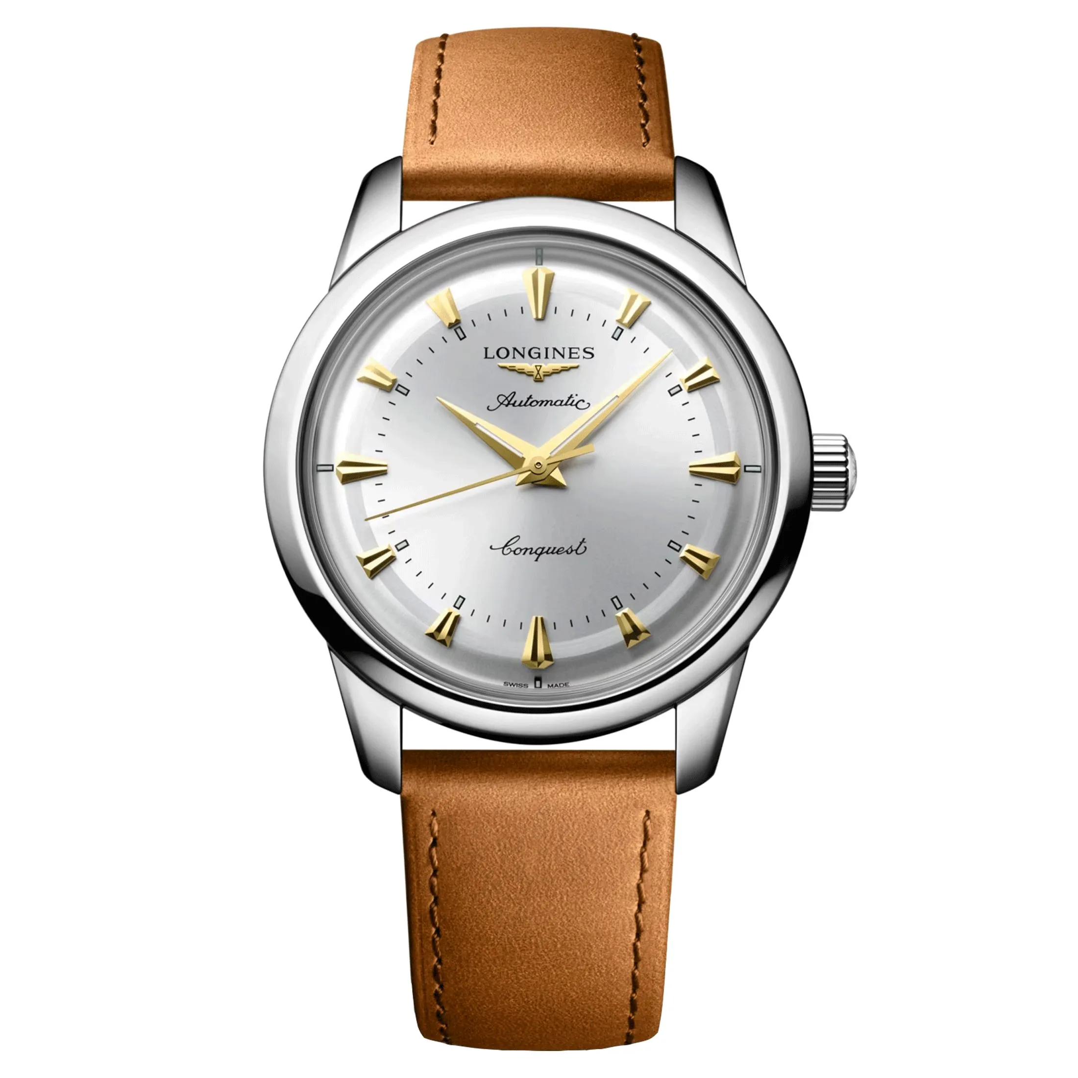 Montre Longines Conquest Heritage automatique cadran argent bracelet cuir brun 40 mm