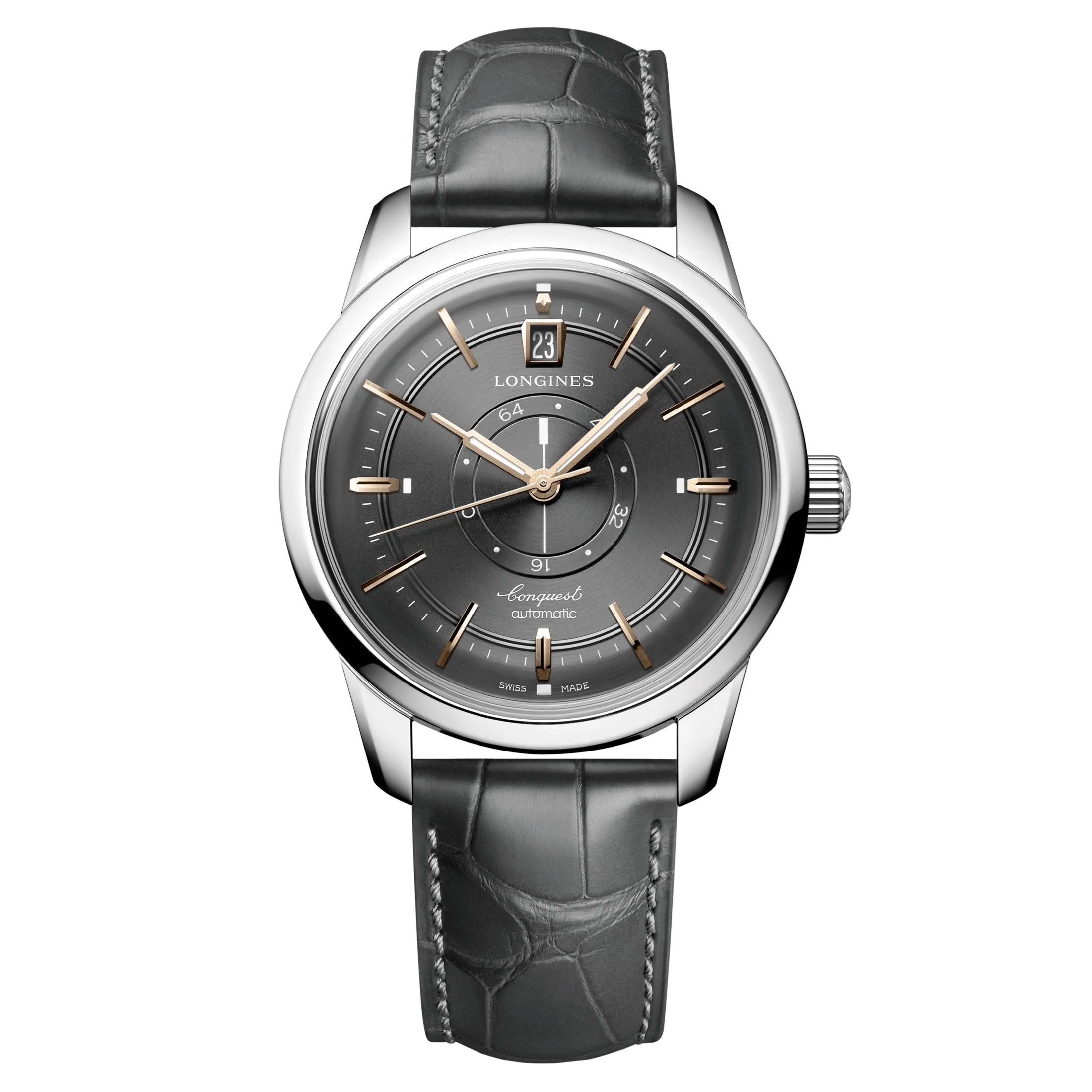 Montre Longines Conquest Heritage Central Power Reserve automatique cadran anthracite bracelet cuir gris 38 mm