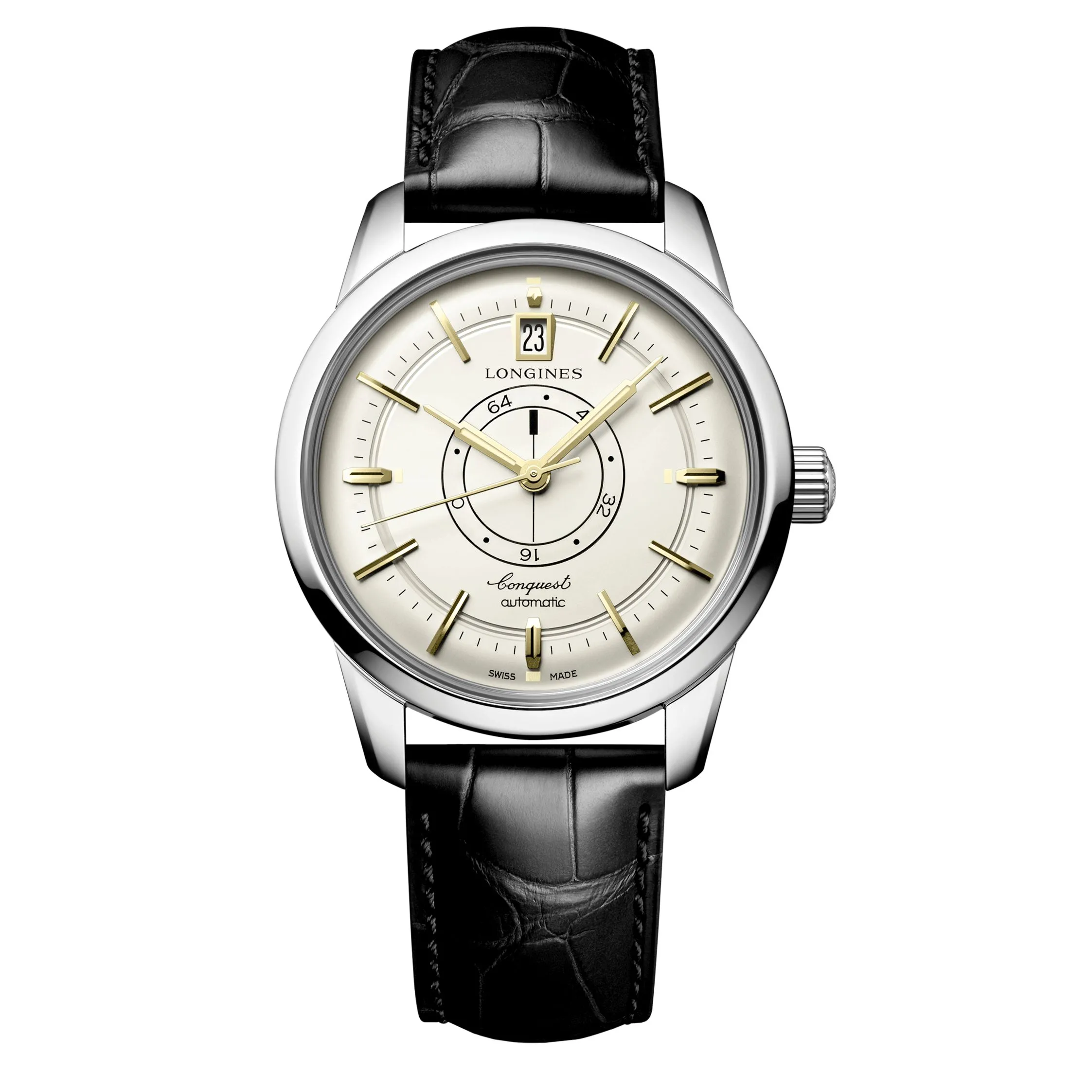 Montre Longines Conquest Heritage Central Power Reserve automatique cadran champagne bracelet cuir noir 38 mm