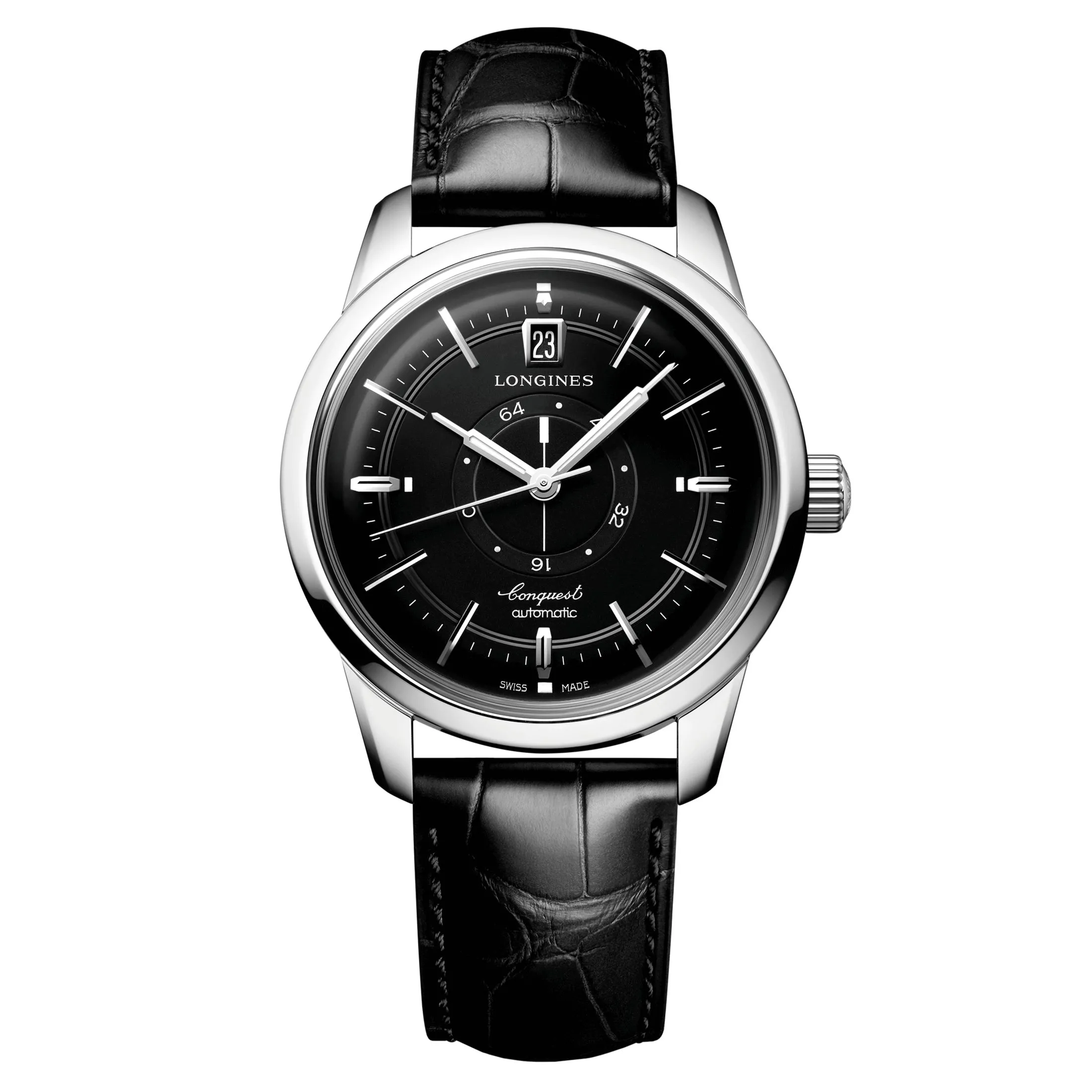 Montre Longines Conquest Heritage Central Power Reserve automatique cadran noir bracelet cuir noir 38 mm