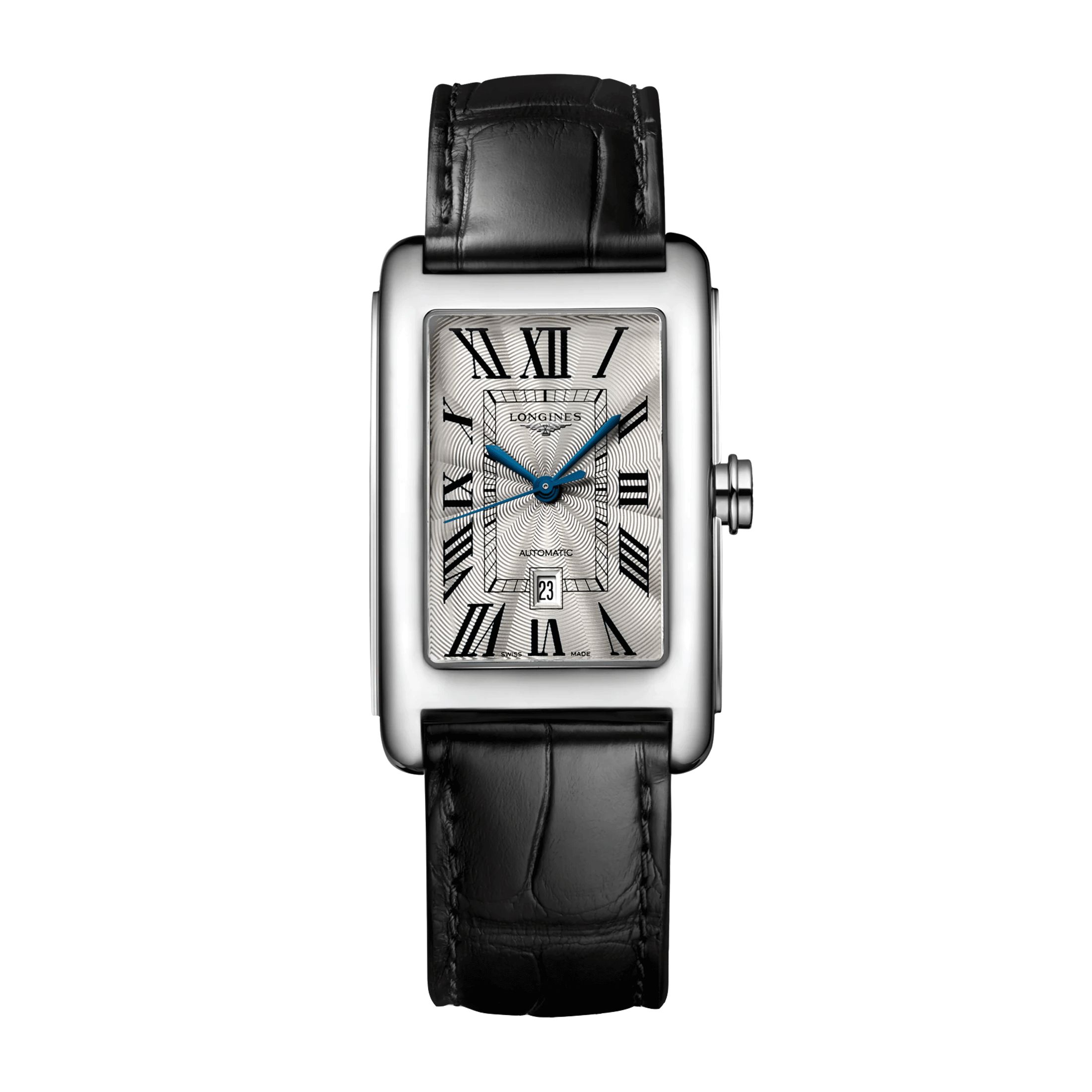 Montre Longines DolceVita automatique cadran argenté chiffres romains bleuis bracelet cuir noir
