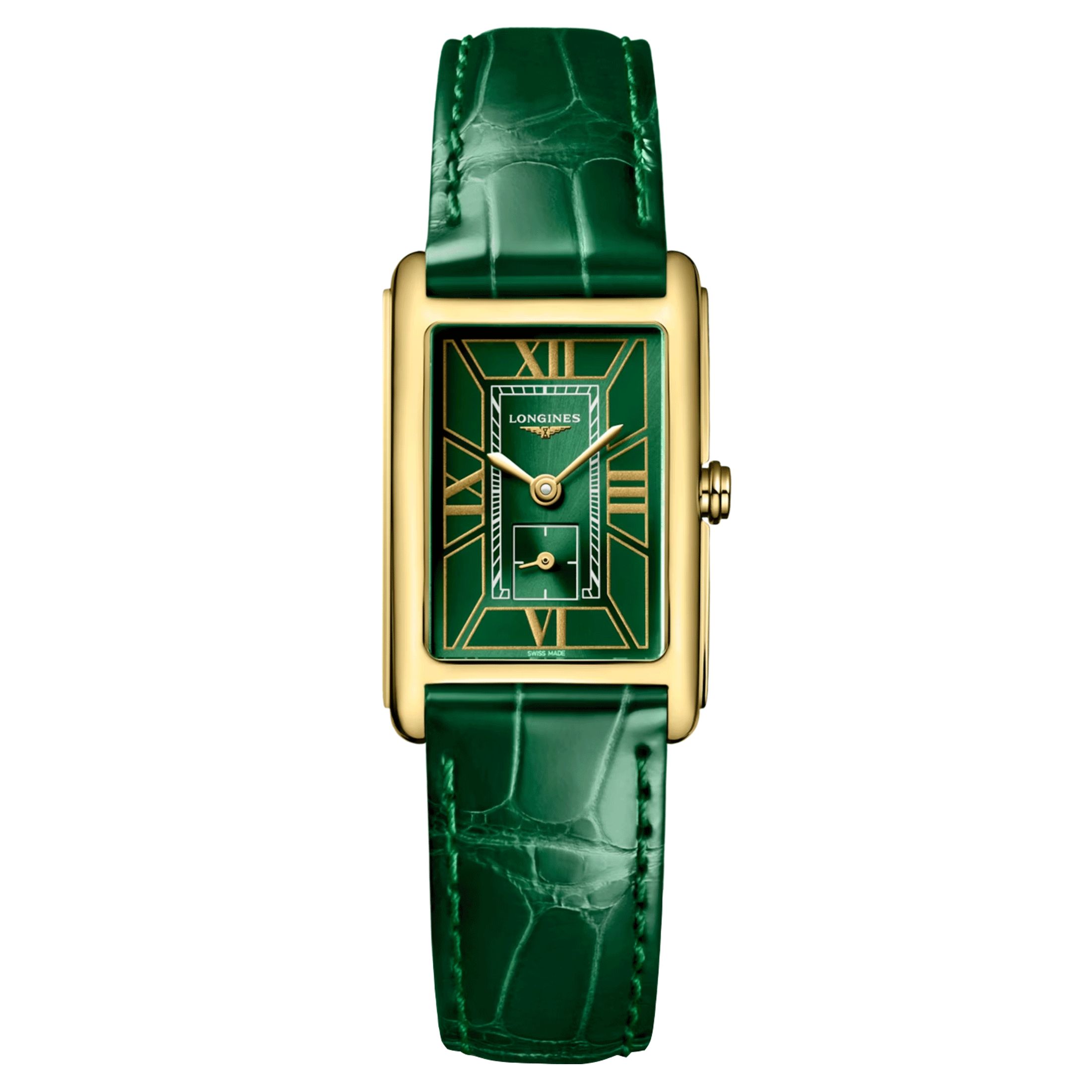 Montre Longines DolceVita Or Jaune quartz cadran vert bracelet cuir vert 20,5 x 32 mm