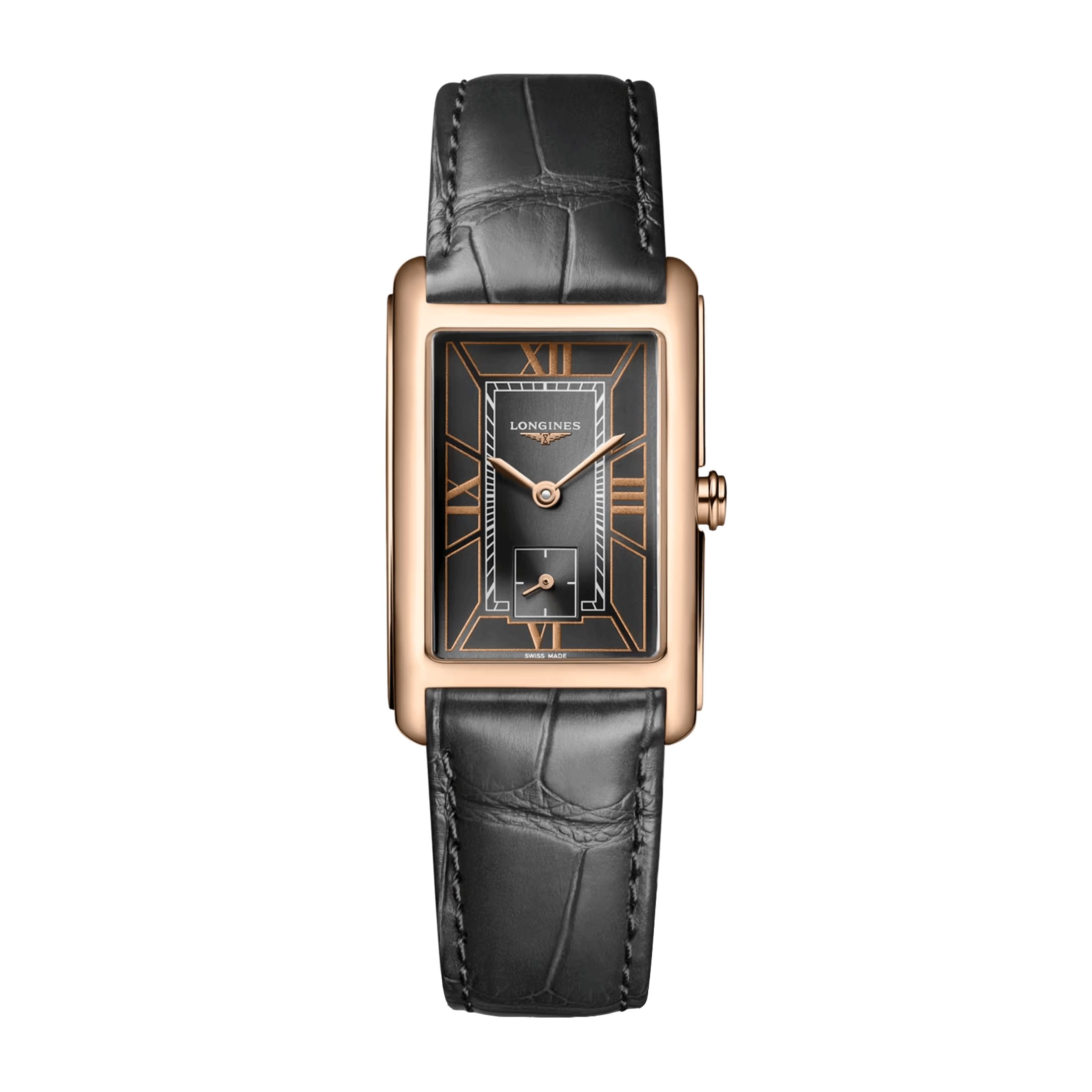 Montre Longines DolceVita Or Rose quartz cadran noir bracelet cuir anthracite 23 x 37 mm