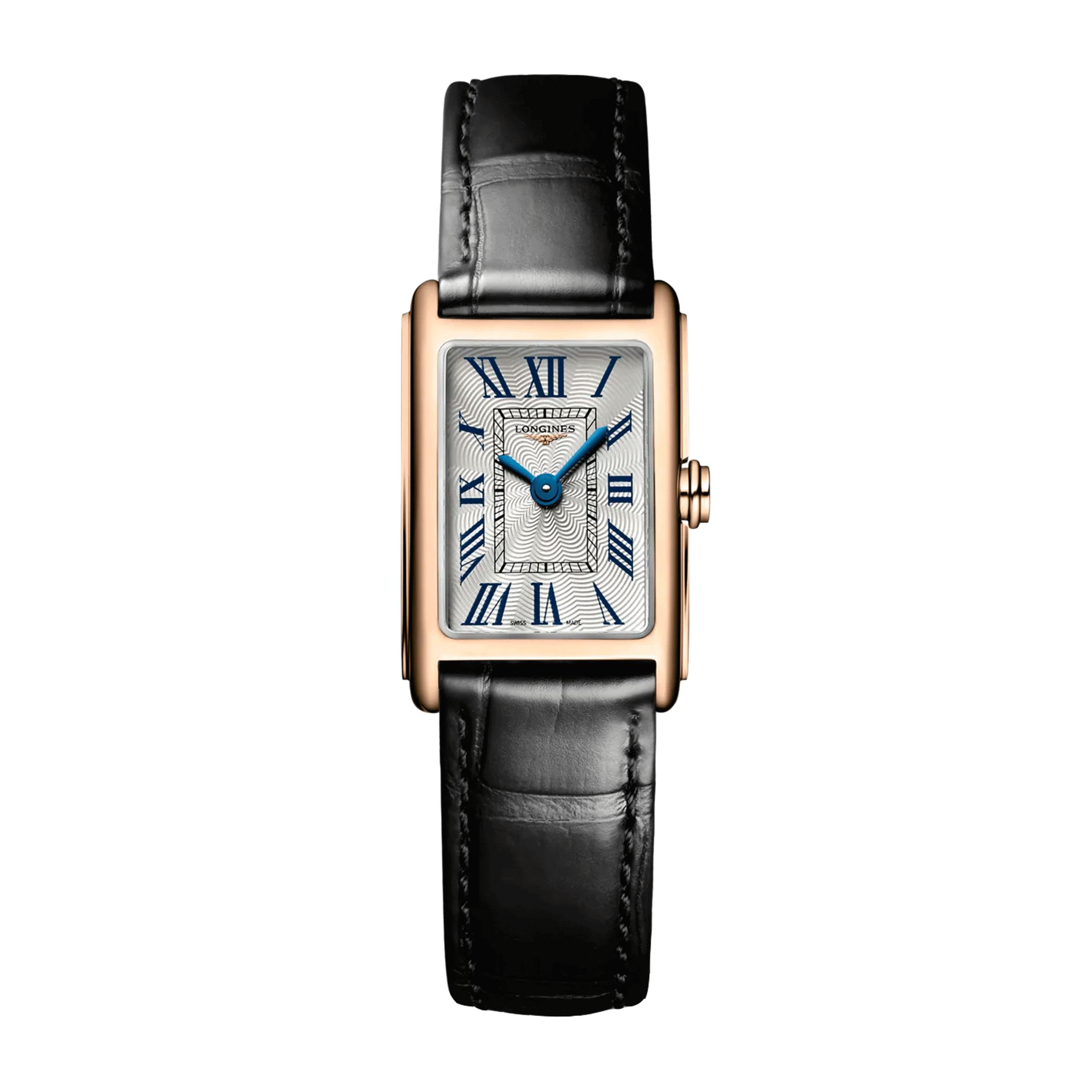 Montre Longines DolceVita quartz cadran argenté chiffres romains bracelet croco noir