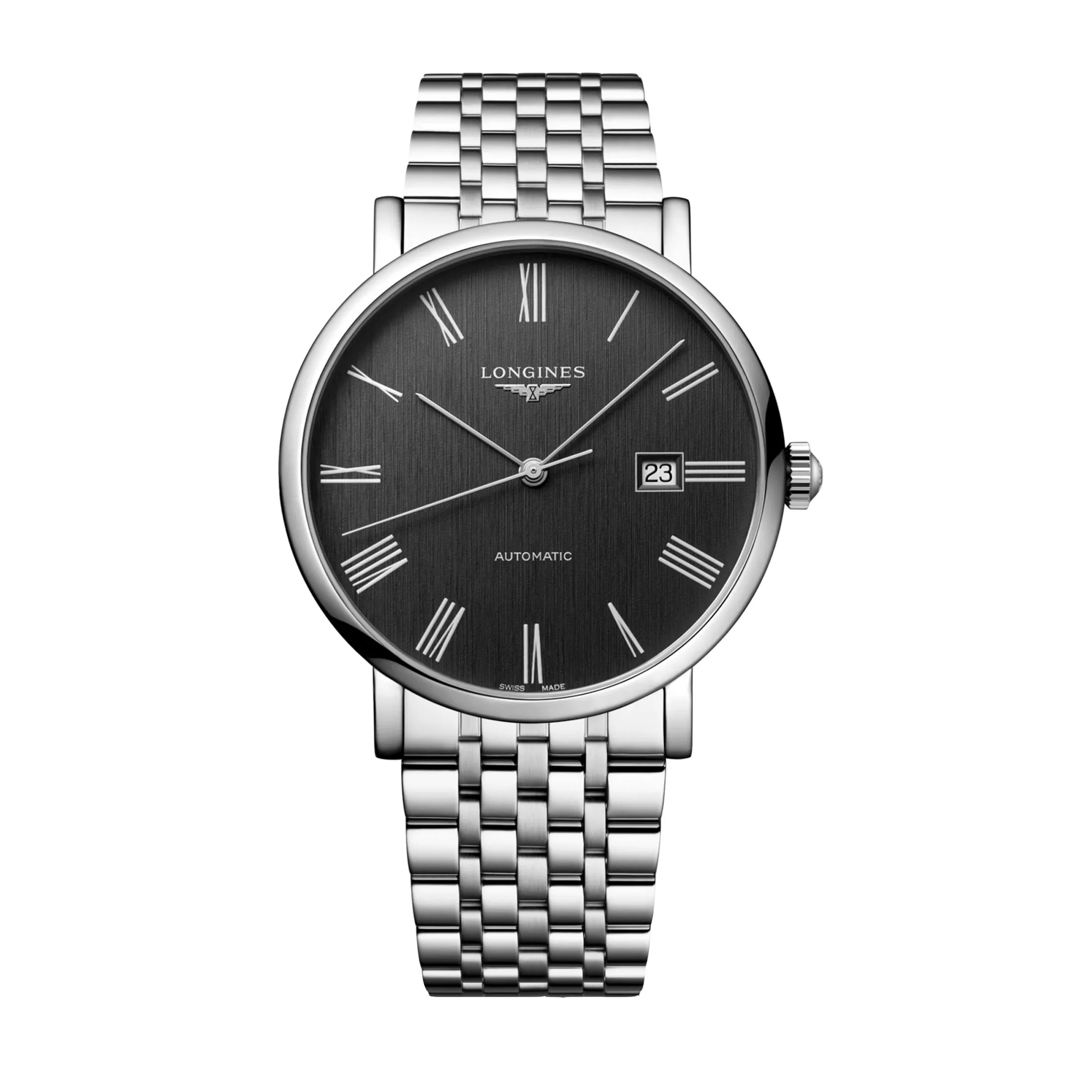 Montre Longines Elegant automatique cadran anthracite bracelet acier 41 mm