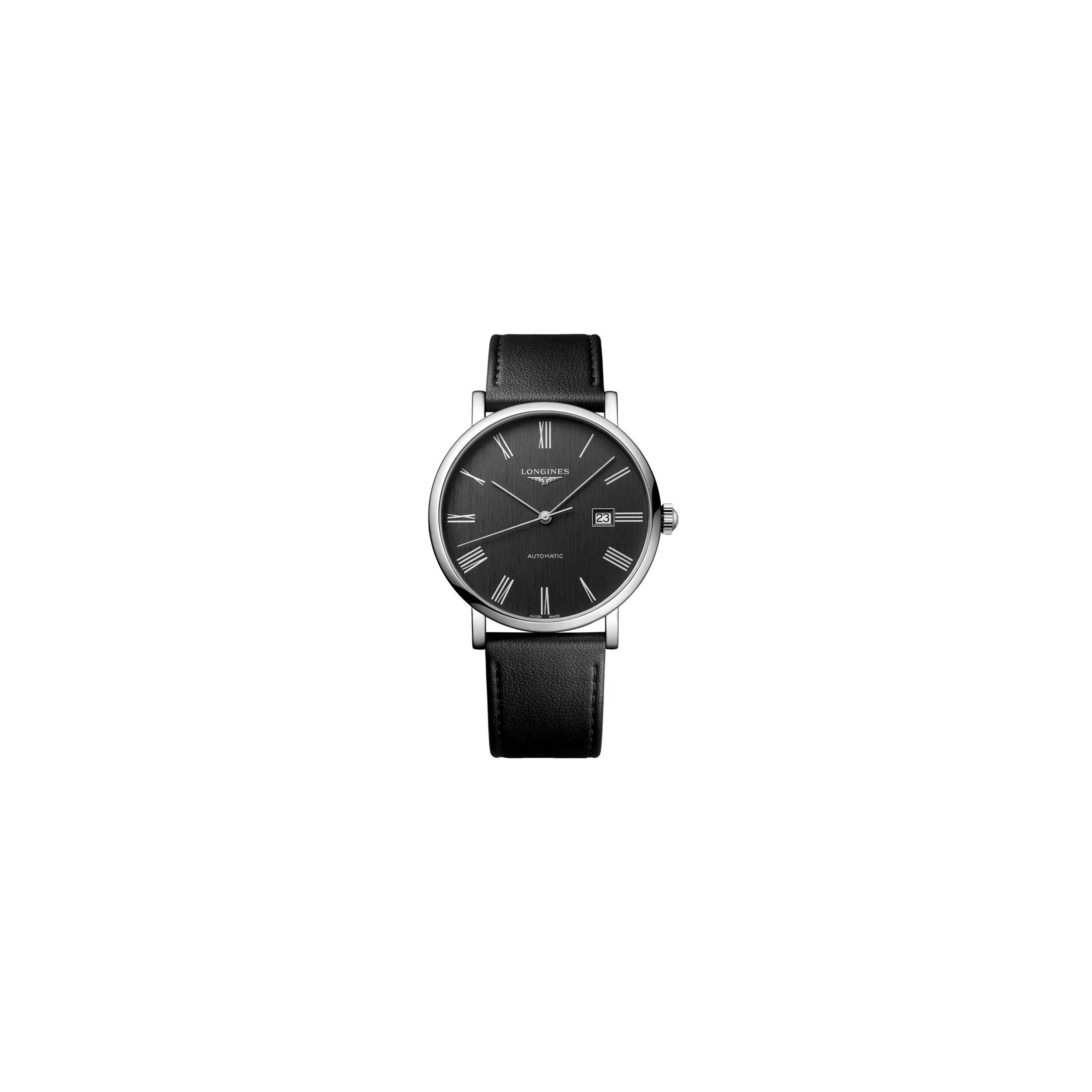 Montre Longines Elegant automatique cadran anthracite bracelet cuir noir 41 mm