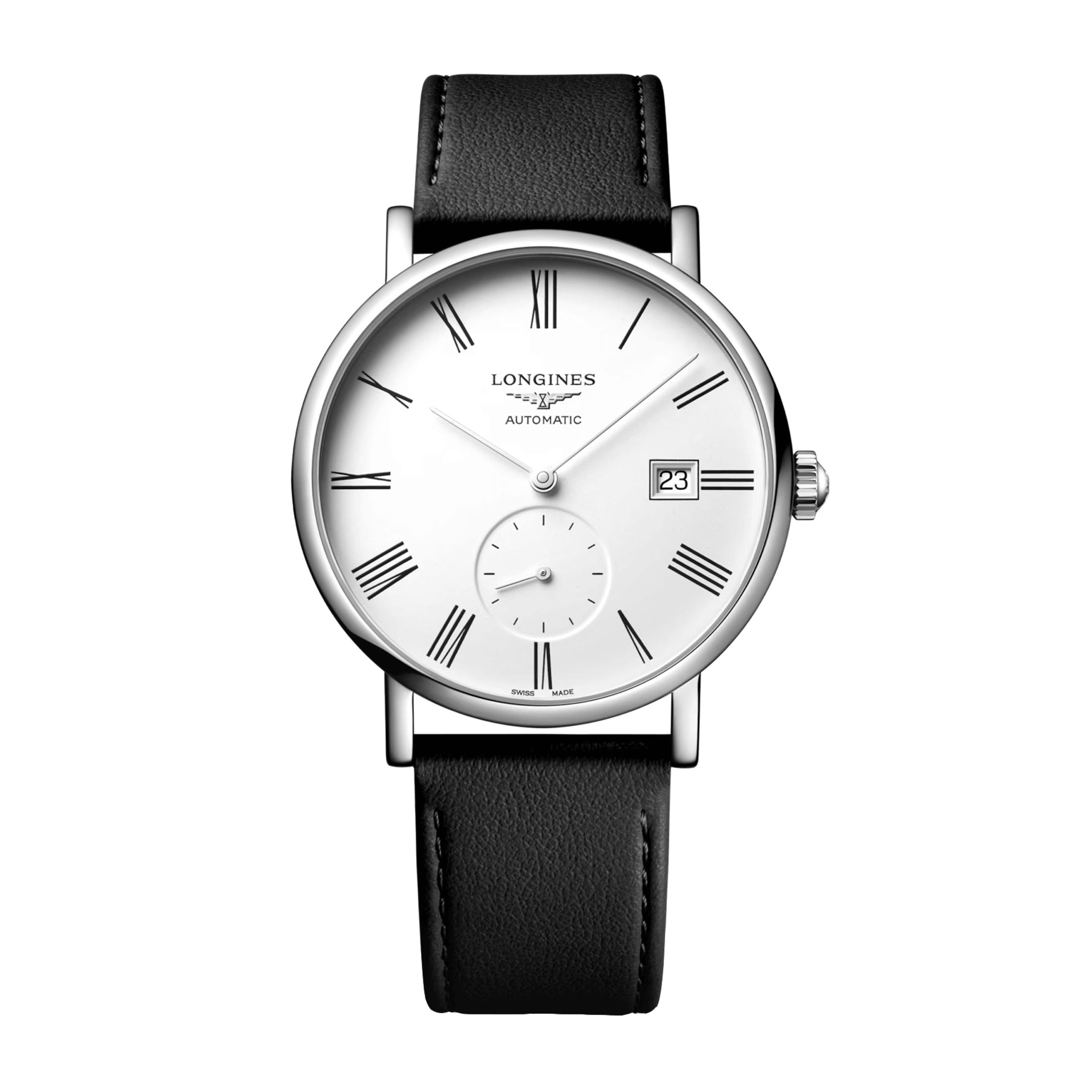 Montre Longines Elegant automatique cadran blanc bracelet cuir noir 39 mm