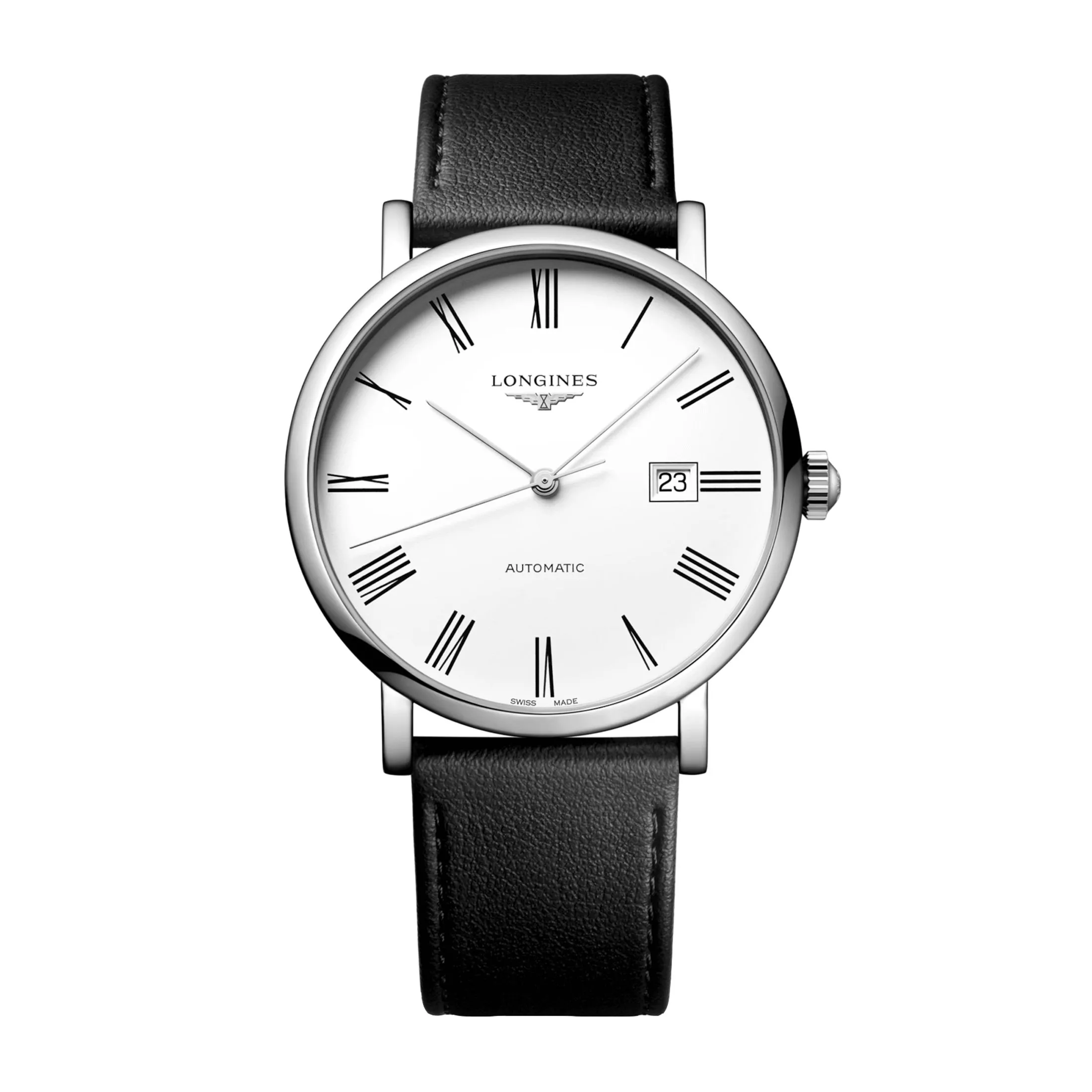 Montre Longines Elegant automatique cadran blanc bracelet cuir noir 41 mm