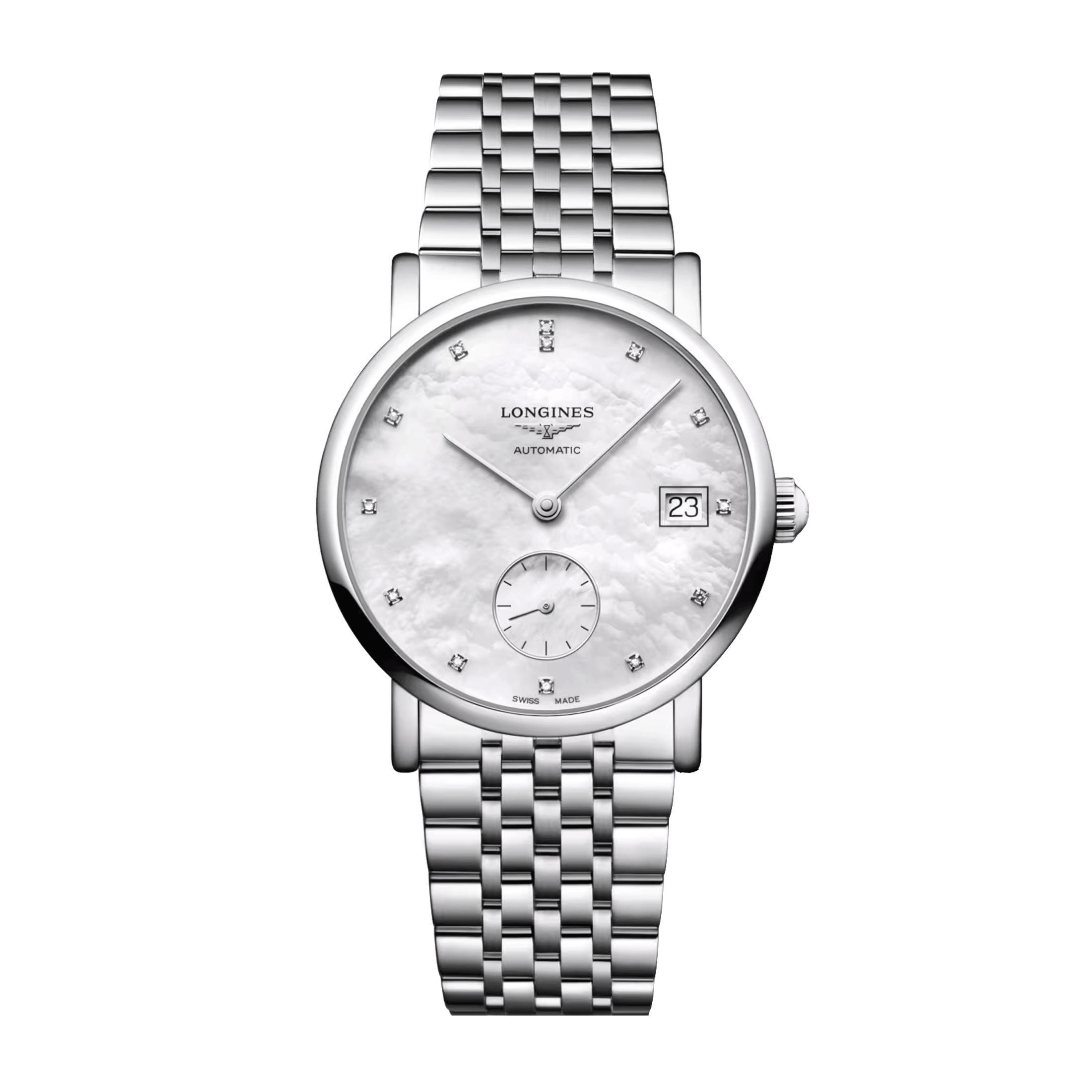 Montre Longines Elegant automatique cadran index diamants nacre blanche bracelet acier 34,5 mm