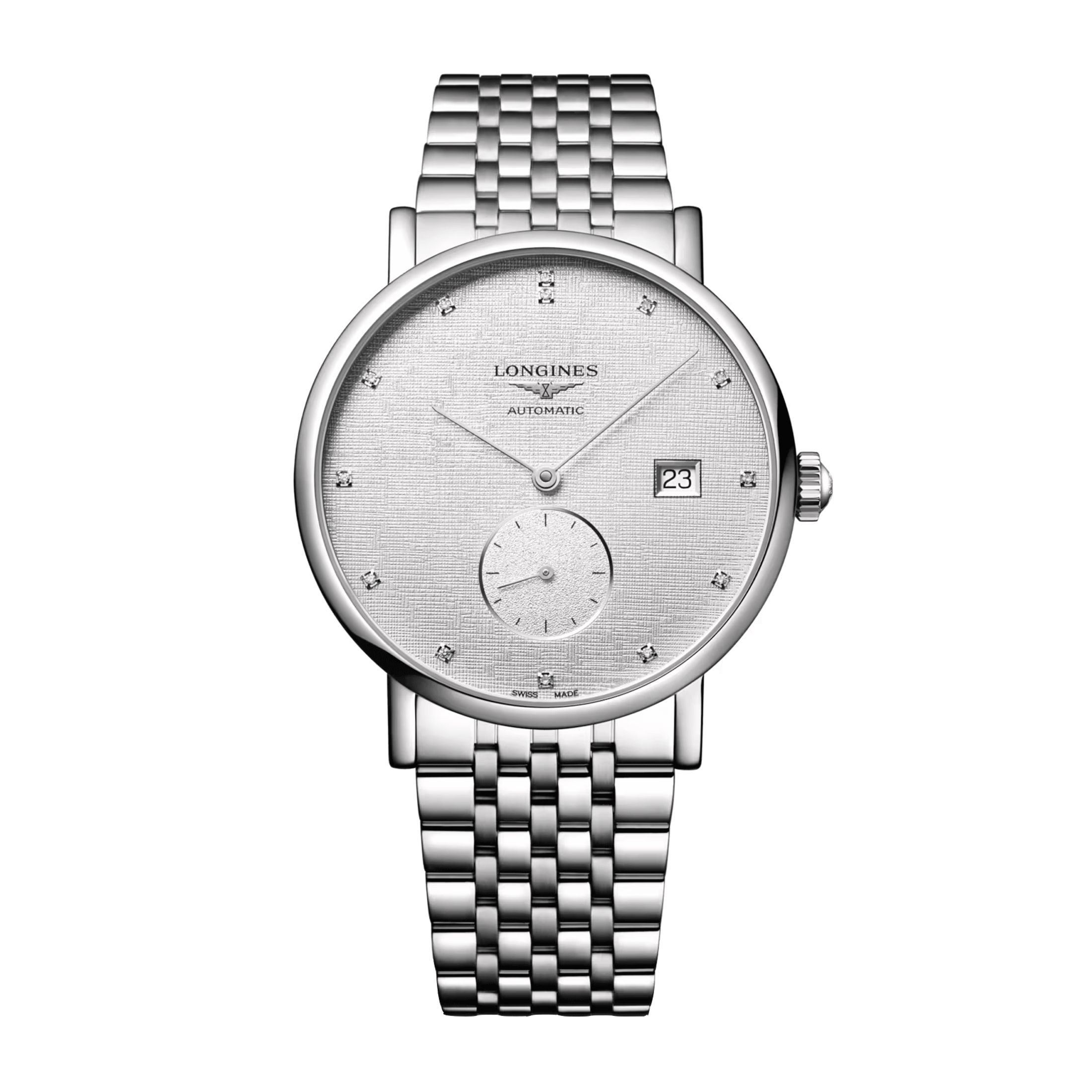 Montre Longines Elegant automatique index diamants cadran argenté bracelet acier 39 mm