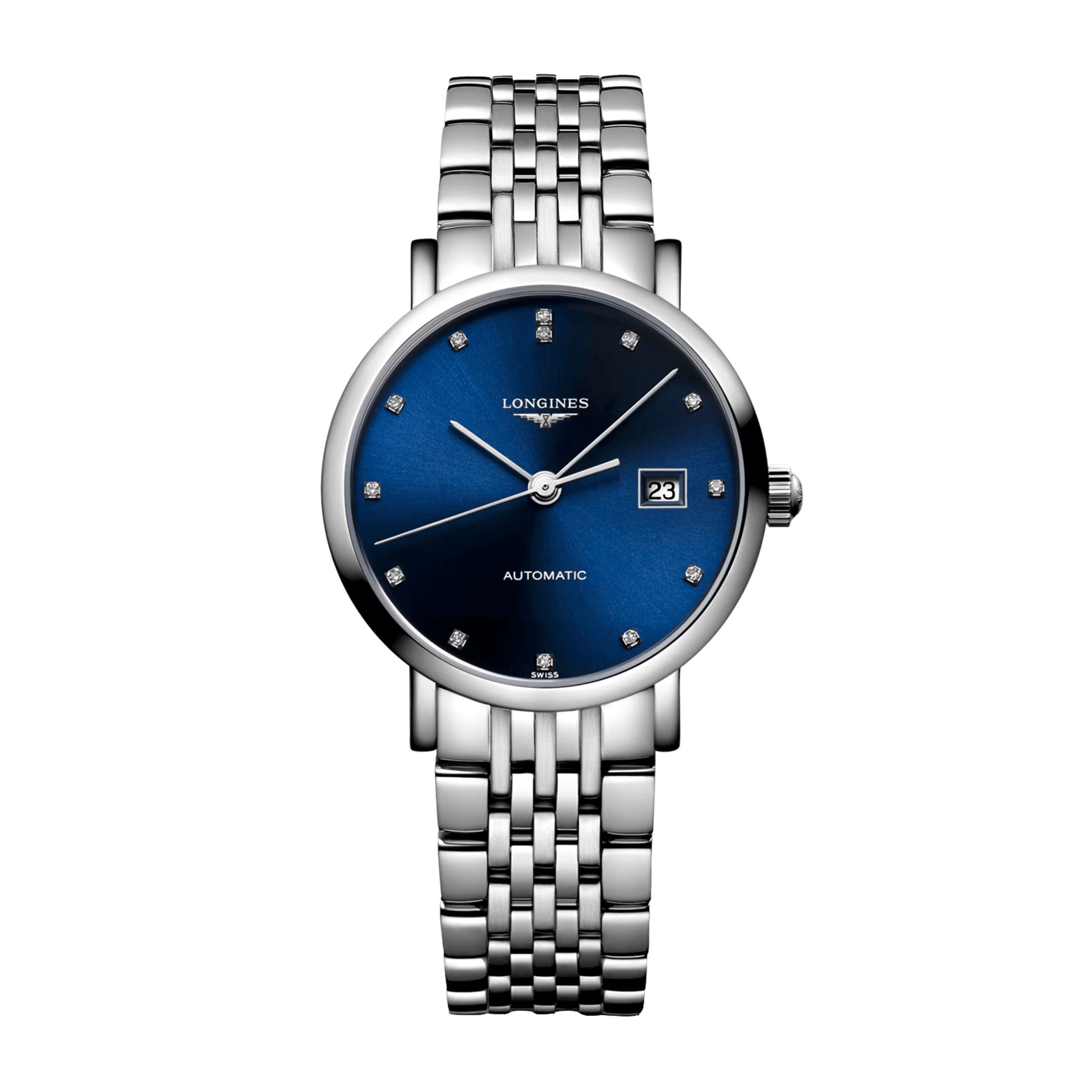 Montre Longines Elegant Collection automatique acier cadran bleu index diamants 29 mm