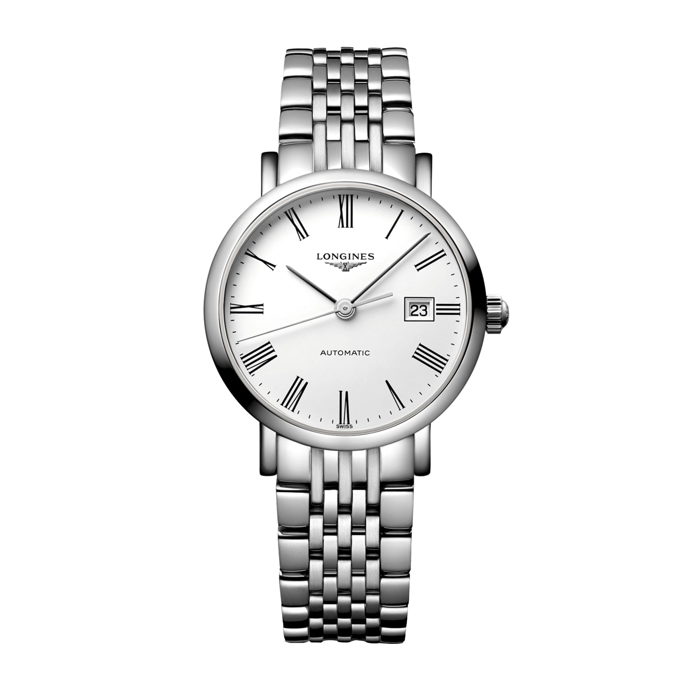 Montre Longines Elegant Collection automatique cadran blanc chiffres romains bracelet acier 29 mm