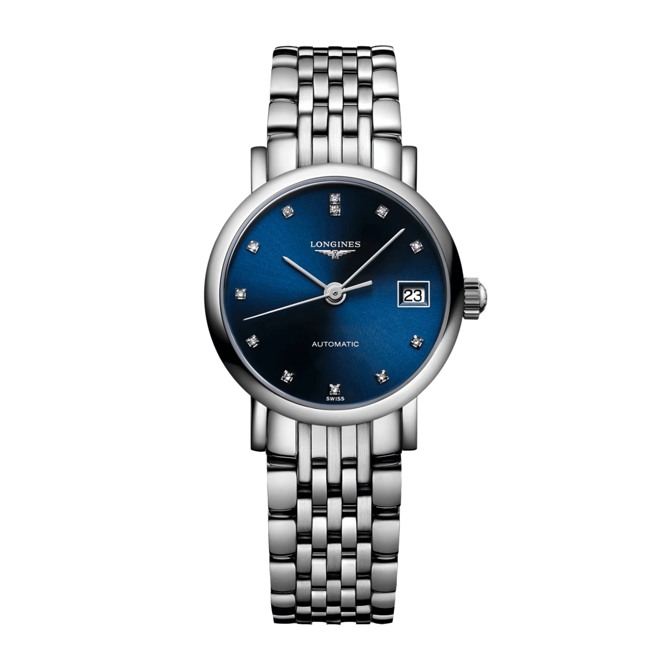 Montre Longines Elegant Collection automatique cadran bleu index diamants bracelet acier 25,5 mm