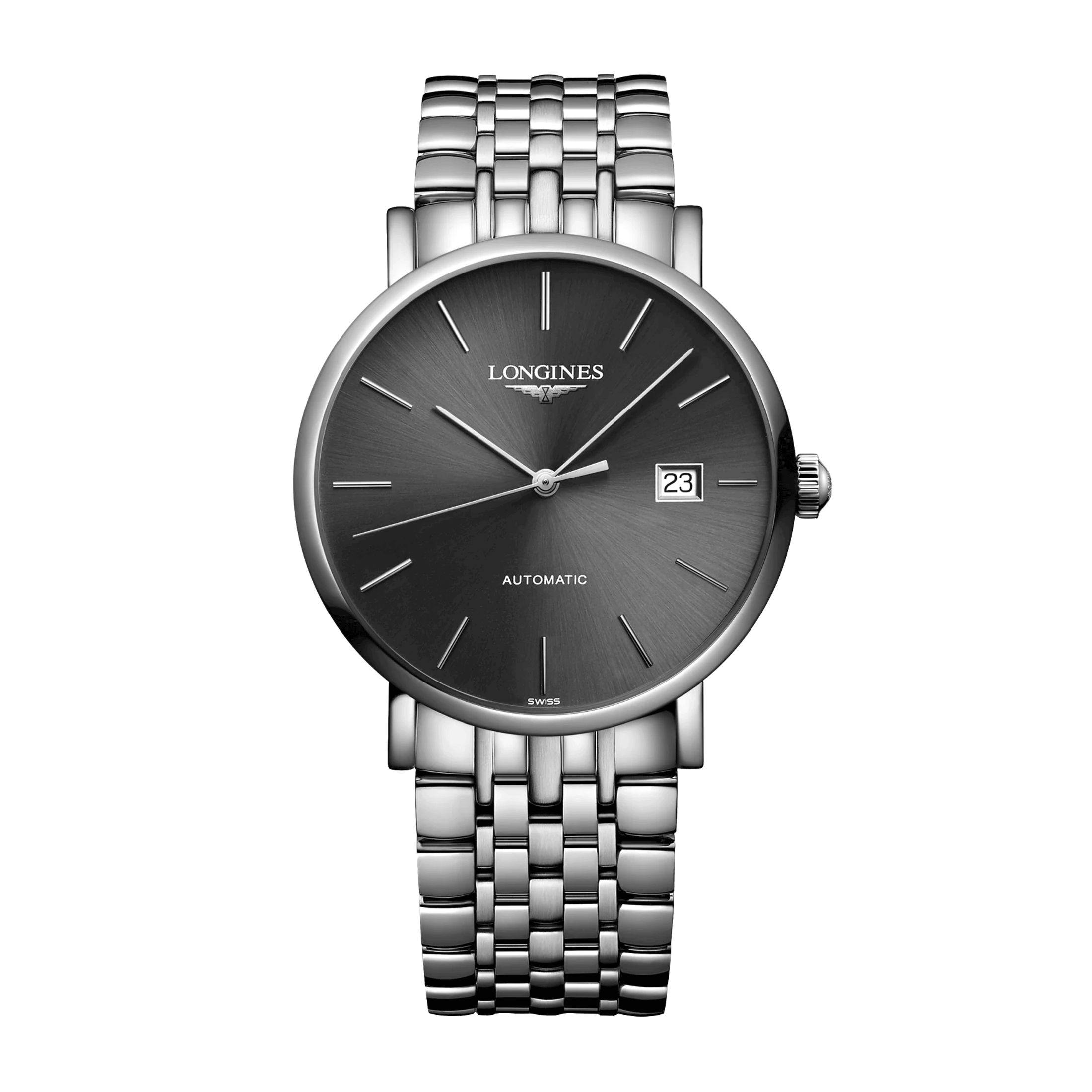 Montre Longines Elegant Collection automatique cadran gris anthracite bracelet acier 39 mm