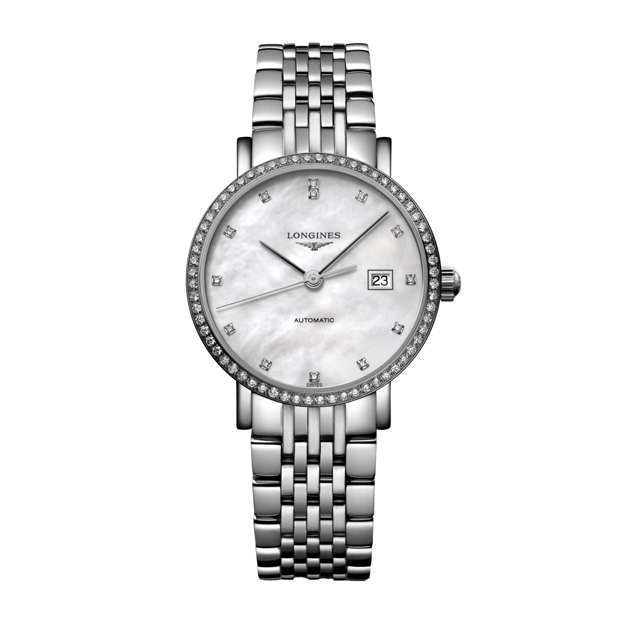 Montre Longines Elegant Collection automatique cadran nacre lunette sertie bracelet acier 29 mm