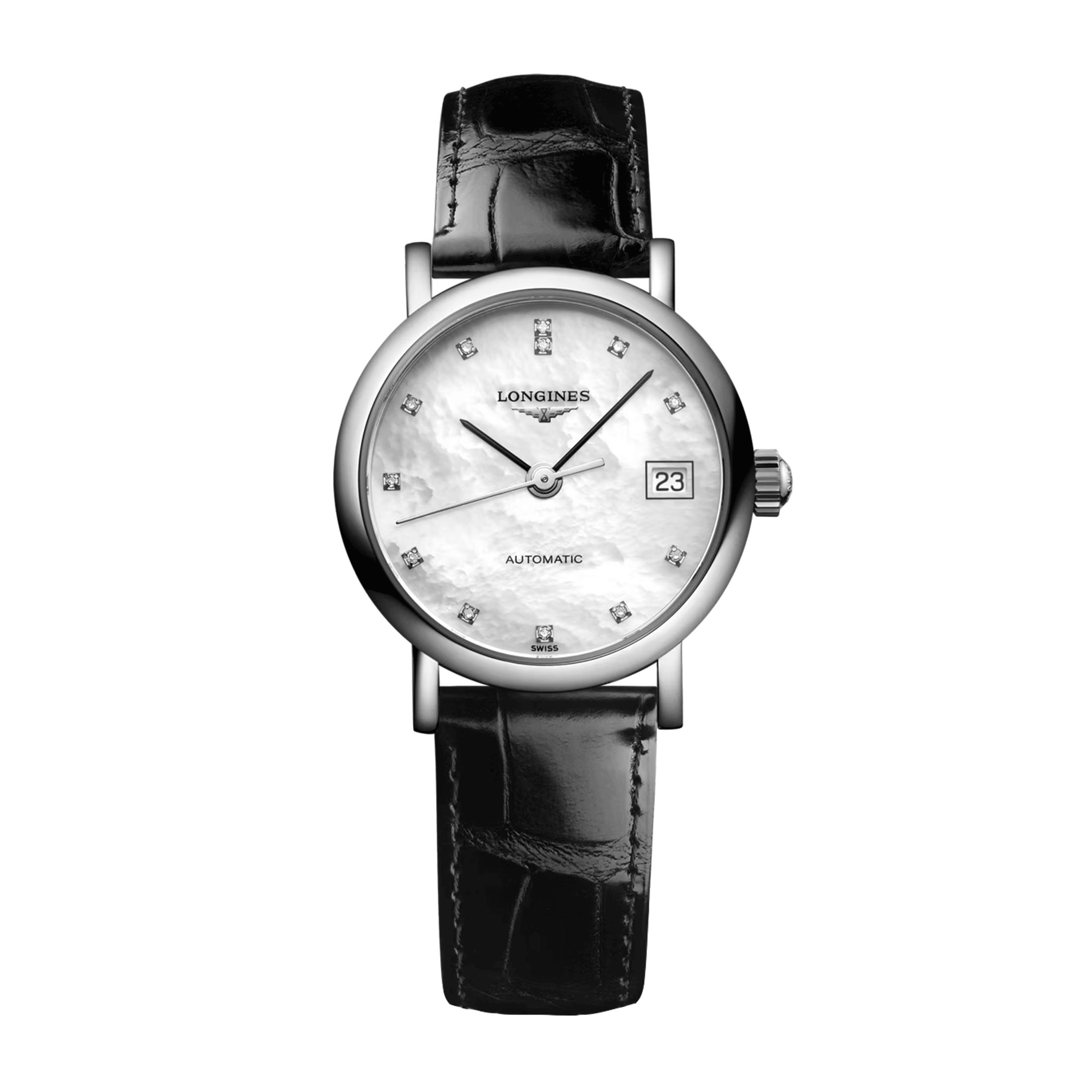 Montre Longines Elegant Collection automatique index diamants bracelet cuir 25,5 mm