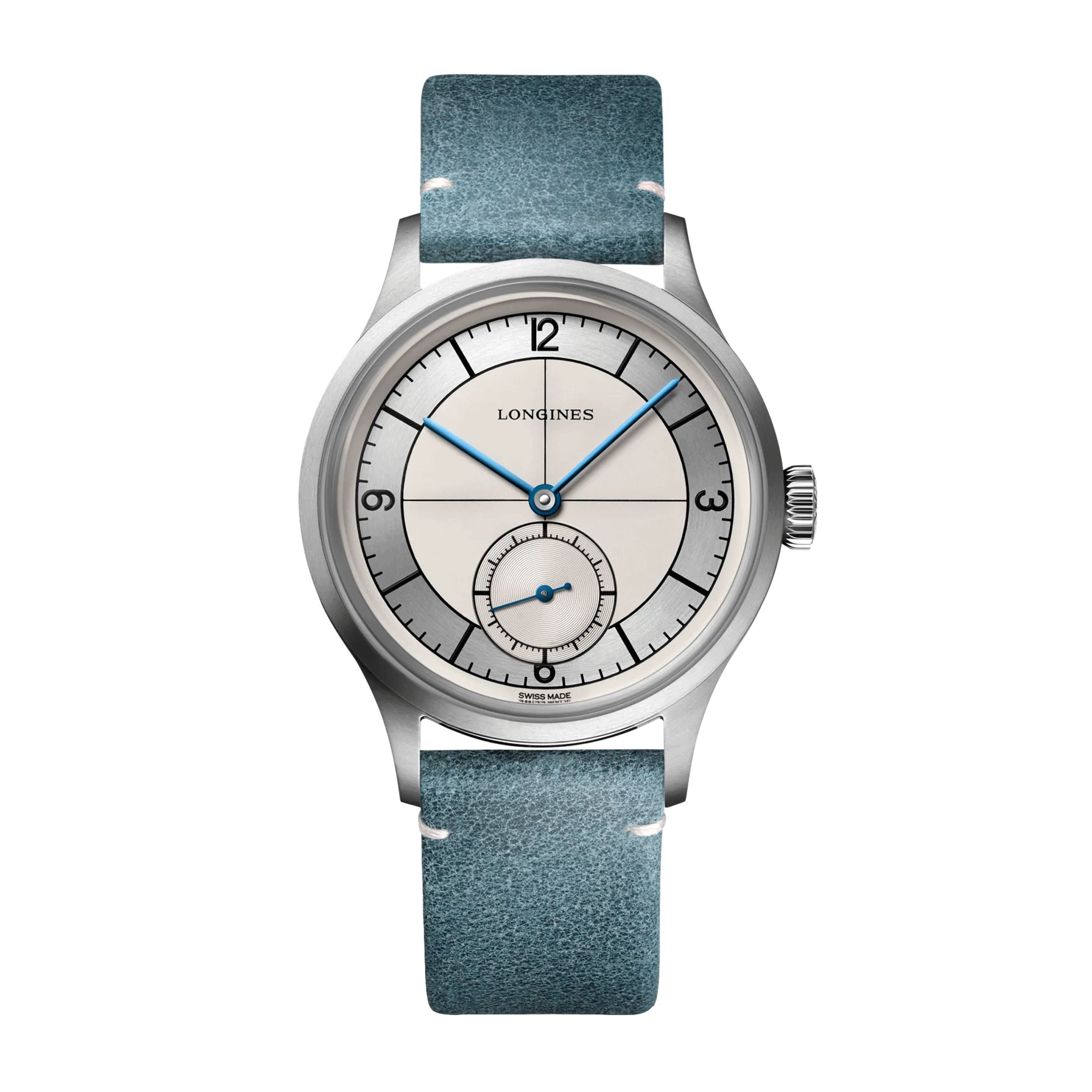 Montre Longines Heritage Classic automatique cadran beige bracelet cuir bleu 38,5 mm