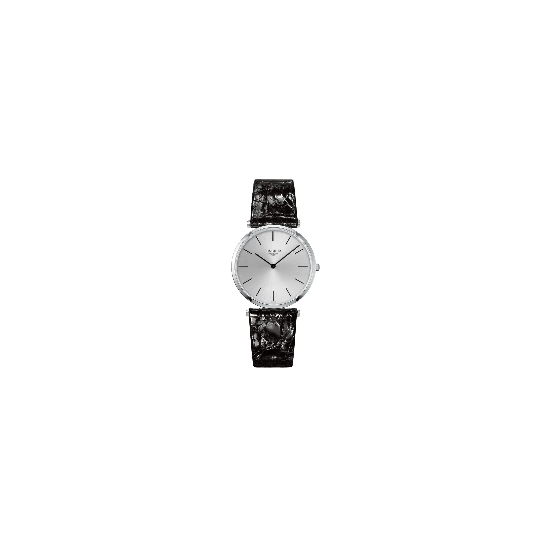 Montre Longines La Grande Classique quartz cadran argenté bracelet cuir noir verni croco 36 mm