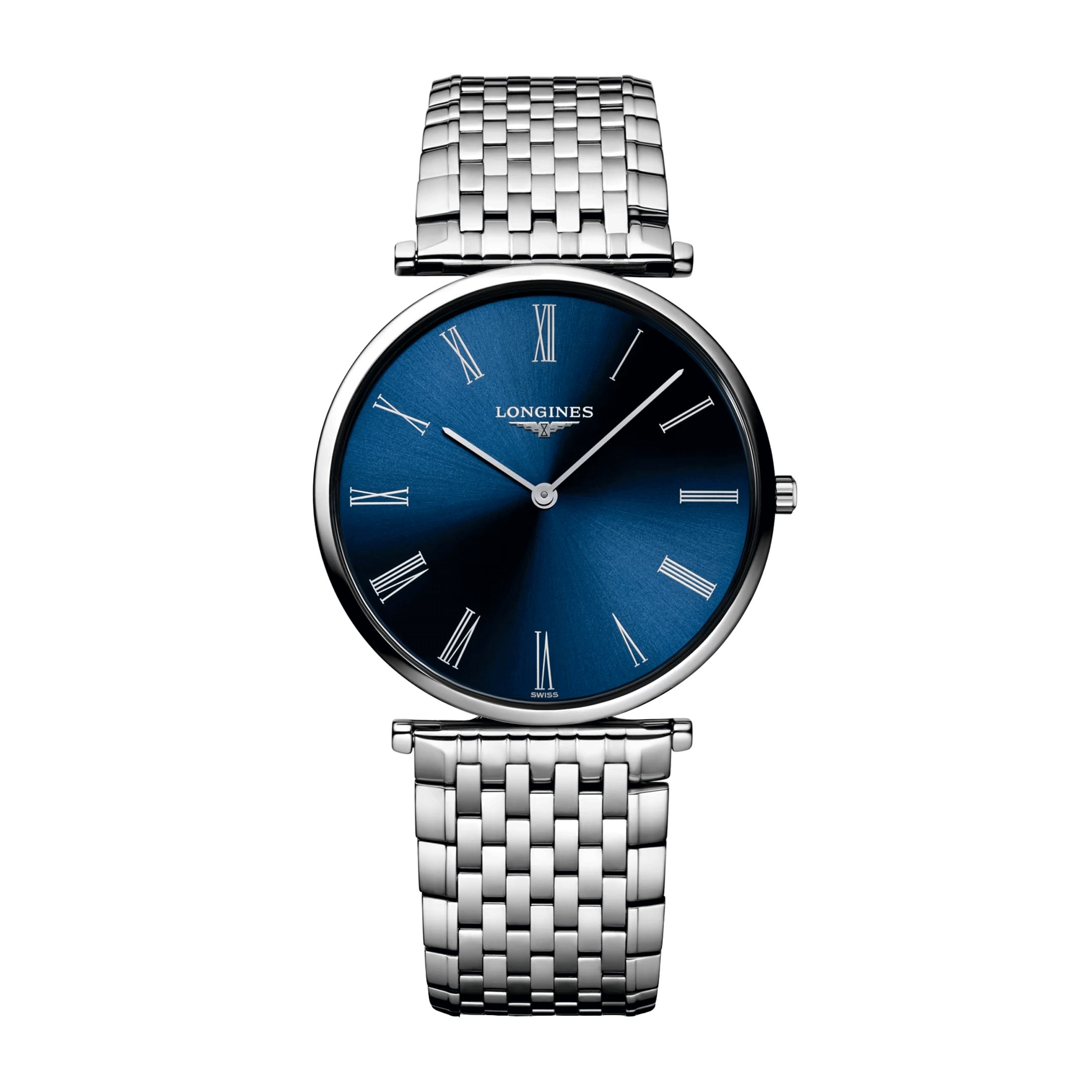 Montre Longines La Grande Classique quartz cadran bleu chiffres romains bracelet acier 36 mm